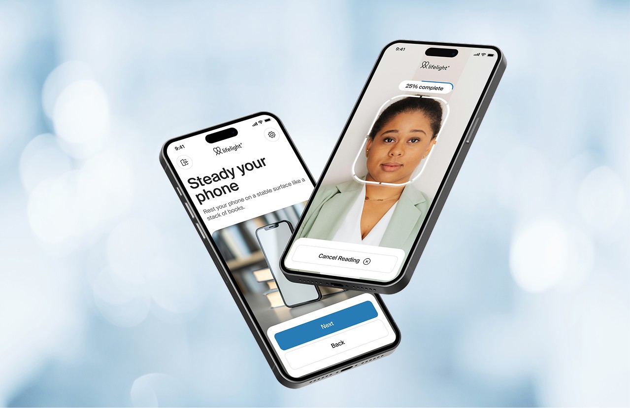 Two phones floating showing screens of the lifelight application