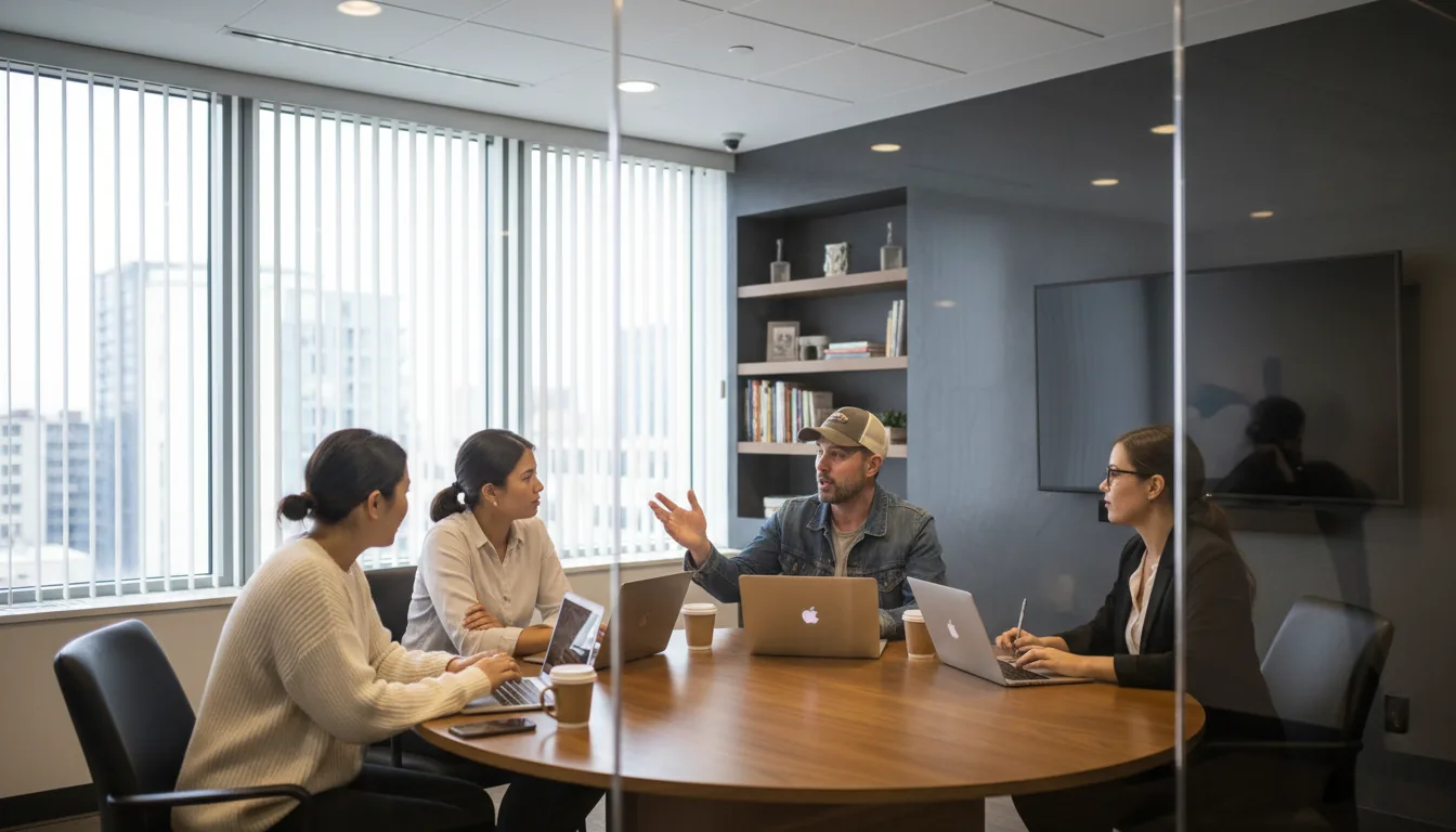 DSLR photography of a team of four casually dressed professionals in a meeting inside a modern, glass-walled conference room. A man wearing a baseball cap gestures while speaking to three attentive female colleagues seated at a round wooden table with laptops and coffee cups. The room has dark charcoal textured walls, a large mounted TV screen, and shelves with books in the background. The scene is illuminated by soft overhead office lighting and natural daylight from a window with vertical blinds, creating a professional and focused atmosphere. The shot is taken from an eye-level perspective outside the glass, with a sharp focus on the people at the table.