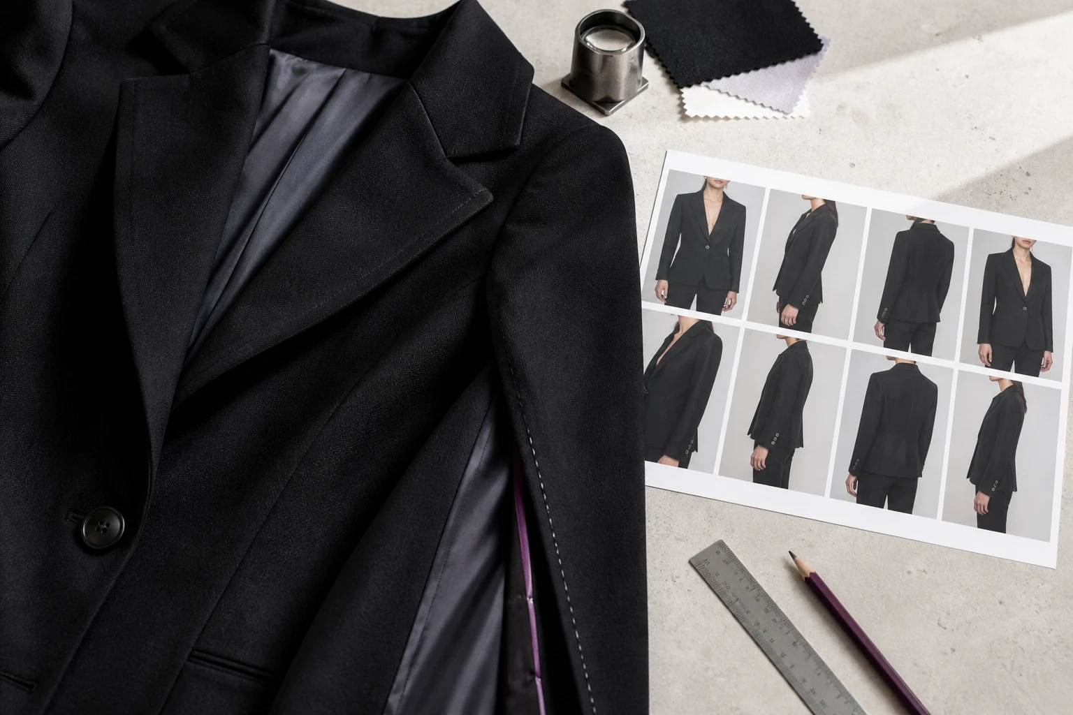 Black blazer, unlabeled on-model contact sheet, loupe, ruler, and fabric swatches on a pale stone review table