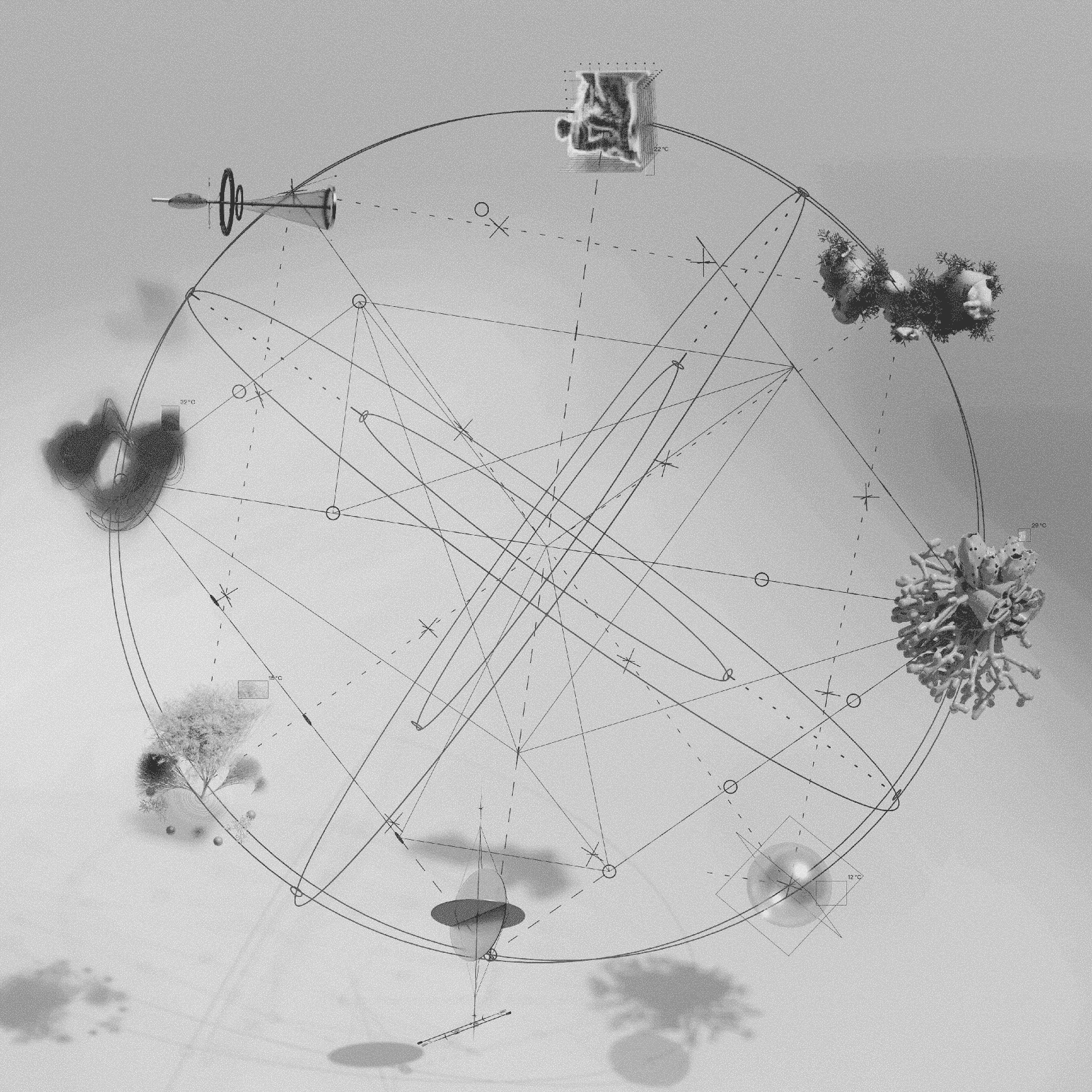 A delicate web of fine lines connecting small scattered objects across a soft background