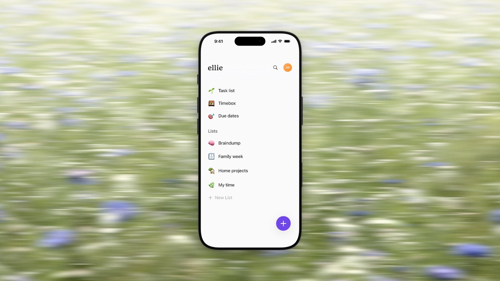 Ellie’s home screen with its lists on a whole iPhone centered on a blurred meadow, with the list names small