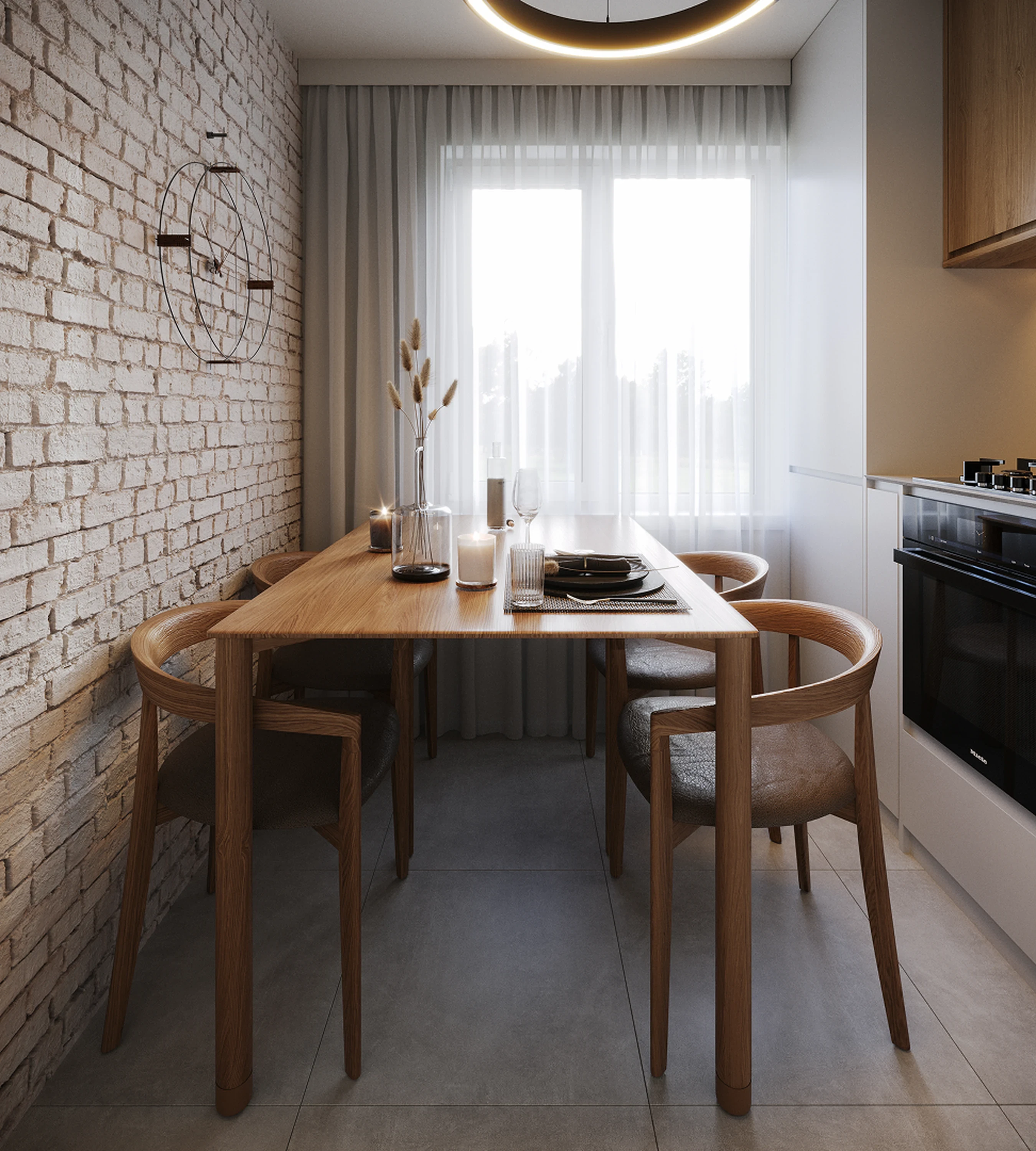 Détail — tablette en noyer et verrerie.