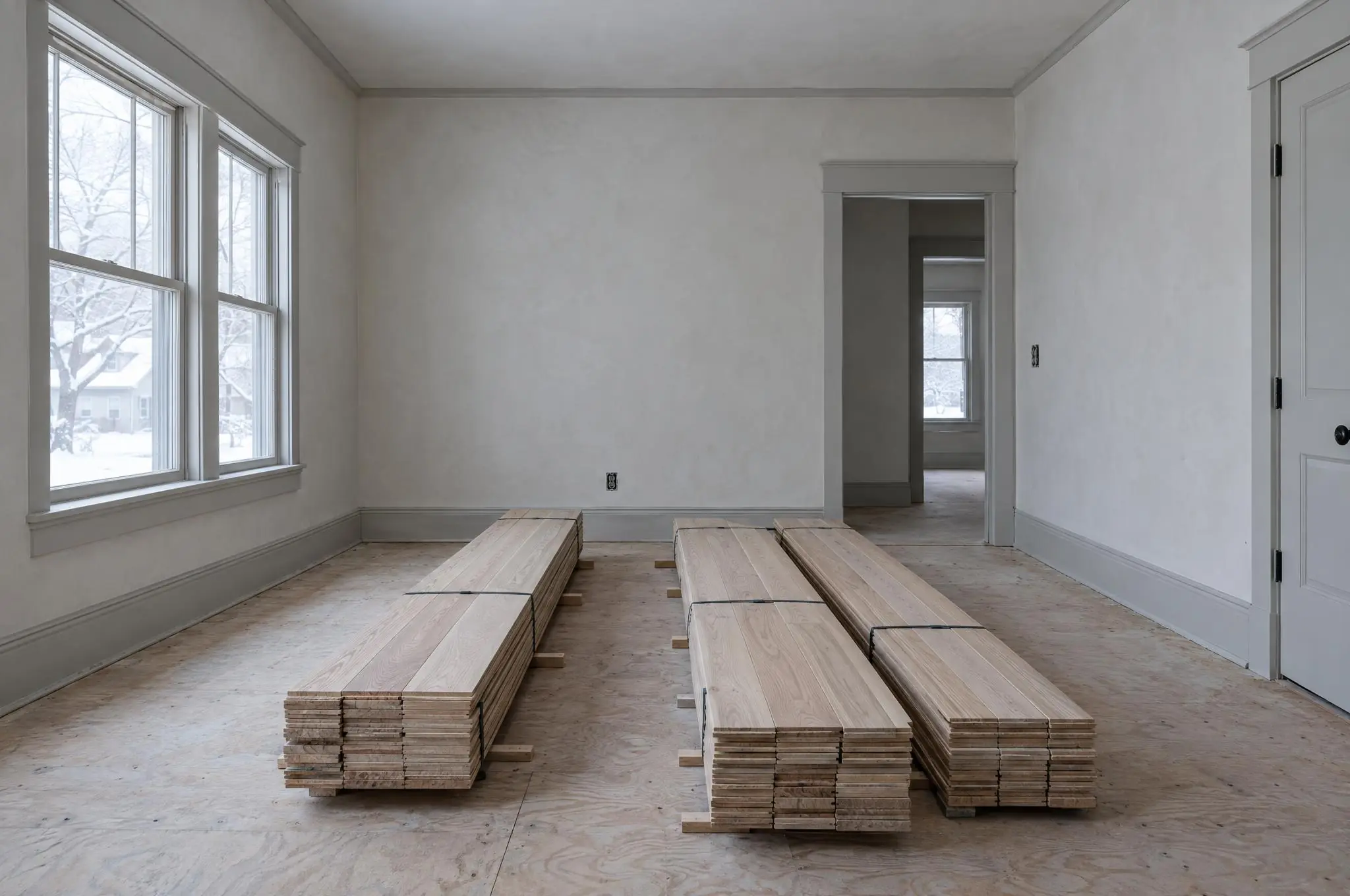 Bundles of unfinished white oak flooring stacked with spacers to acclimate in an empty bedroom of a 1920s Minneapolis bungalow in winter