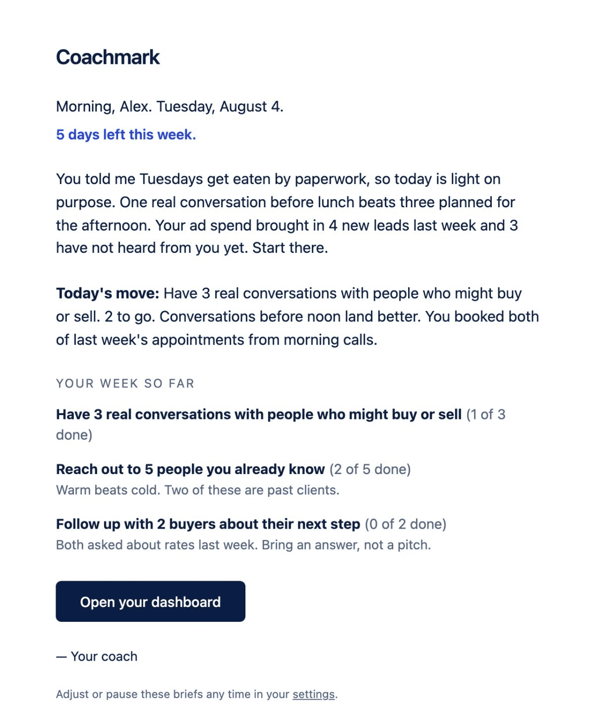 Coachmark morning brief outlining daily conversations, lead follow-ups, and weekly progress for a real estate agent.