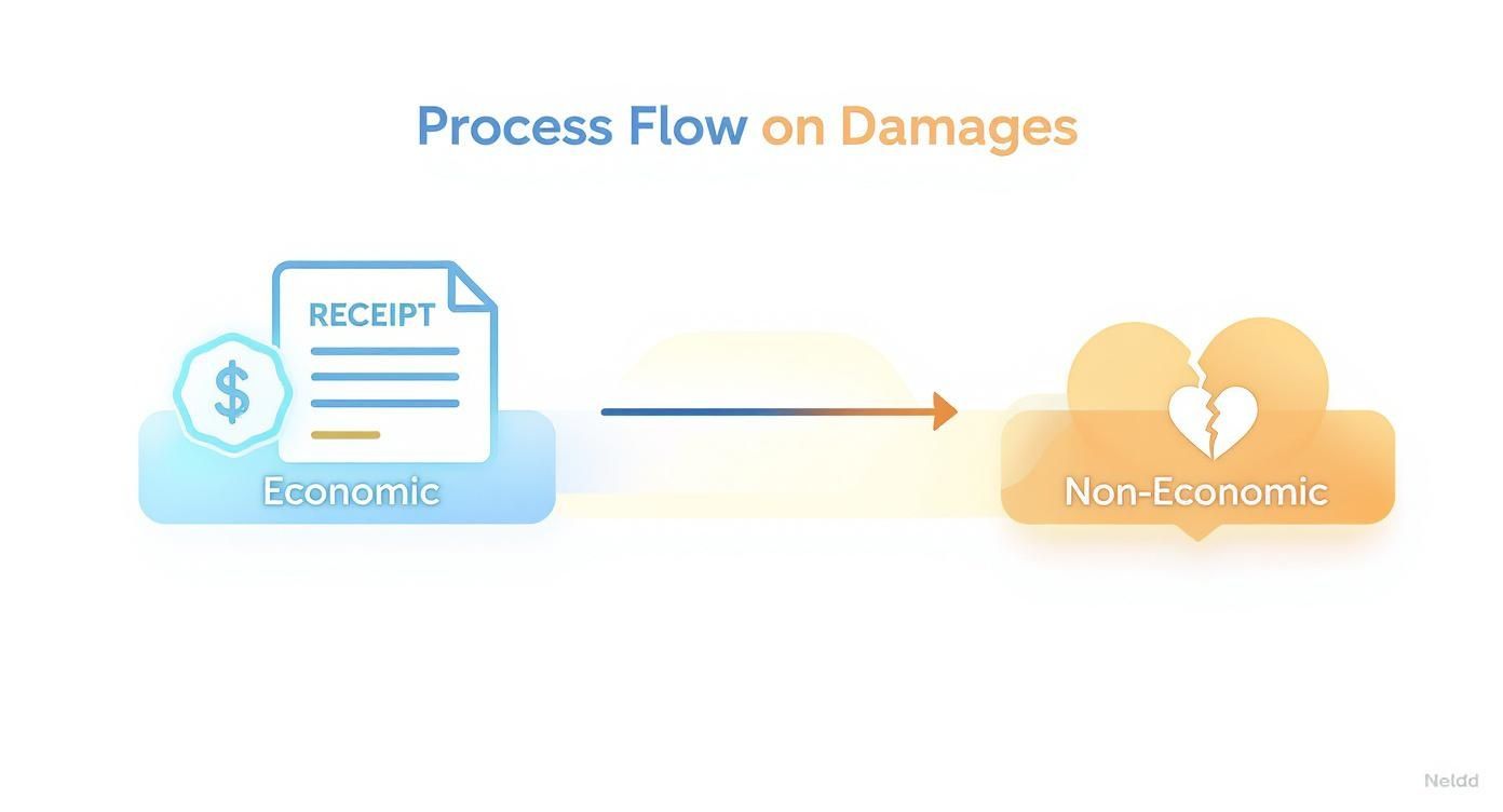 A flowchart titled 'Process Flow on Damages' shows a transition from economic damages (receipt, dollar sign) to non-economic damages (broken heart).