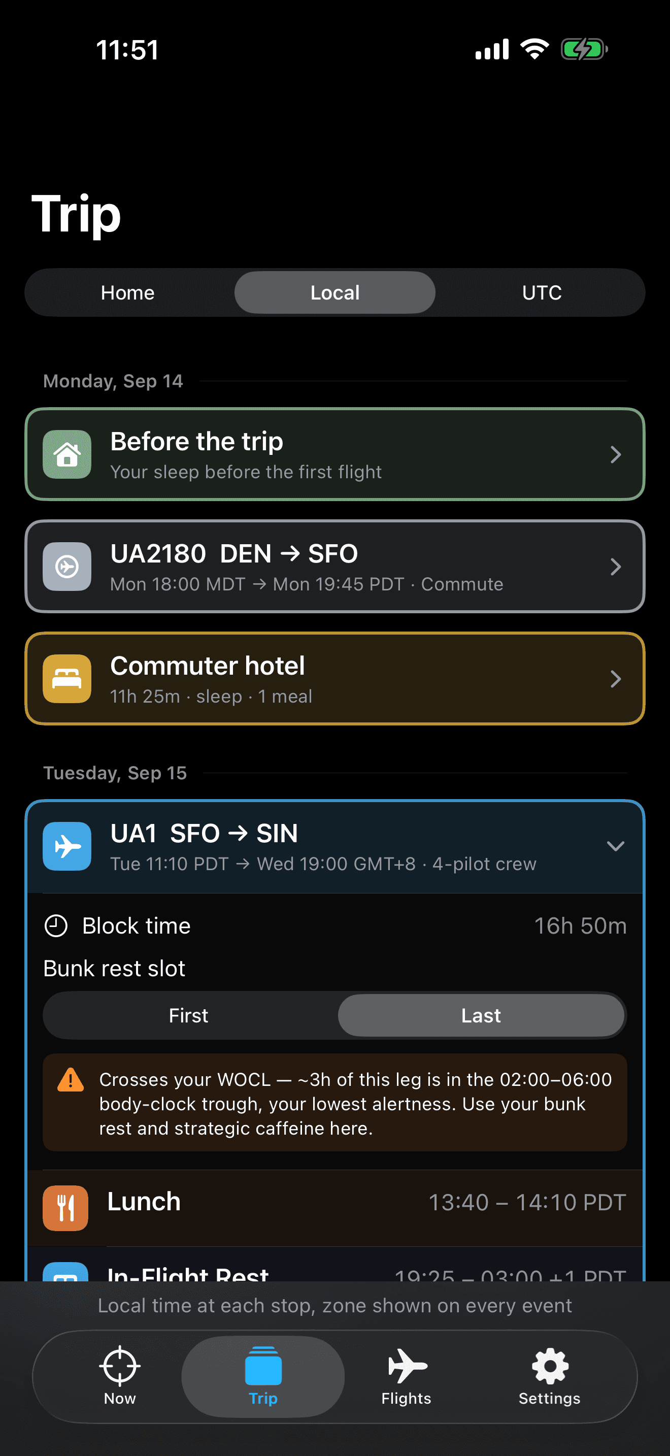Trip tab showing flight and layover schedule