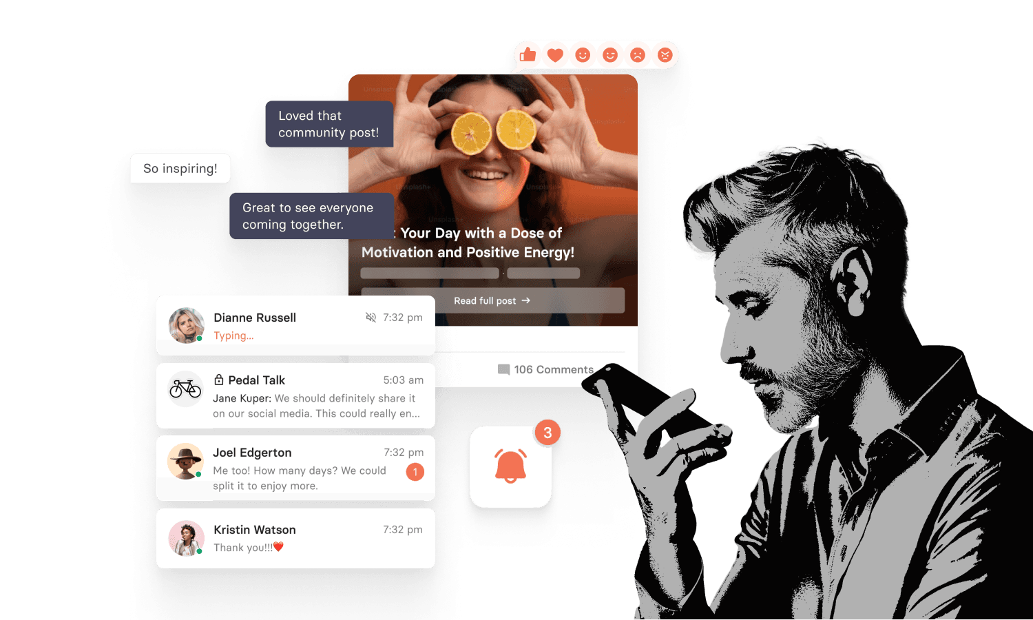 User engaging with tchop™ chat's premium features including emoji reactions and notifications, enhancing communication and interaction within the branded chat experience.