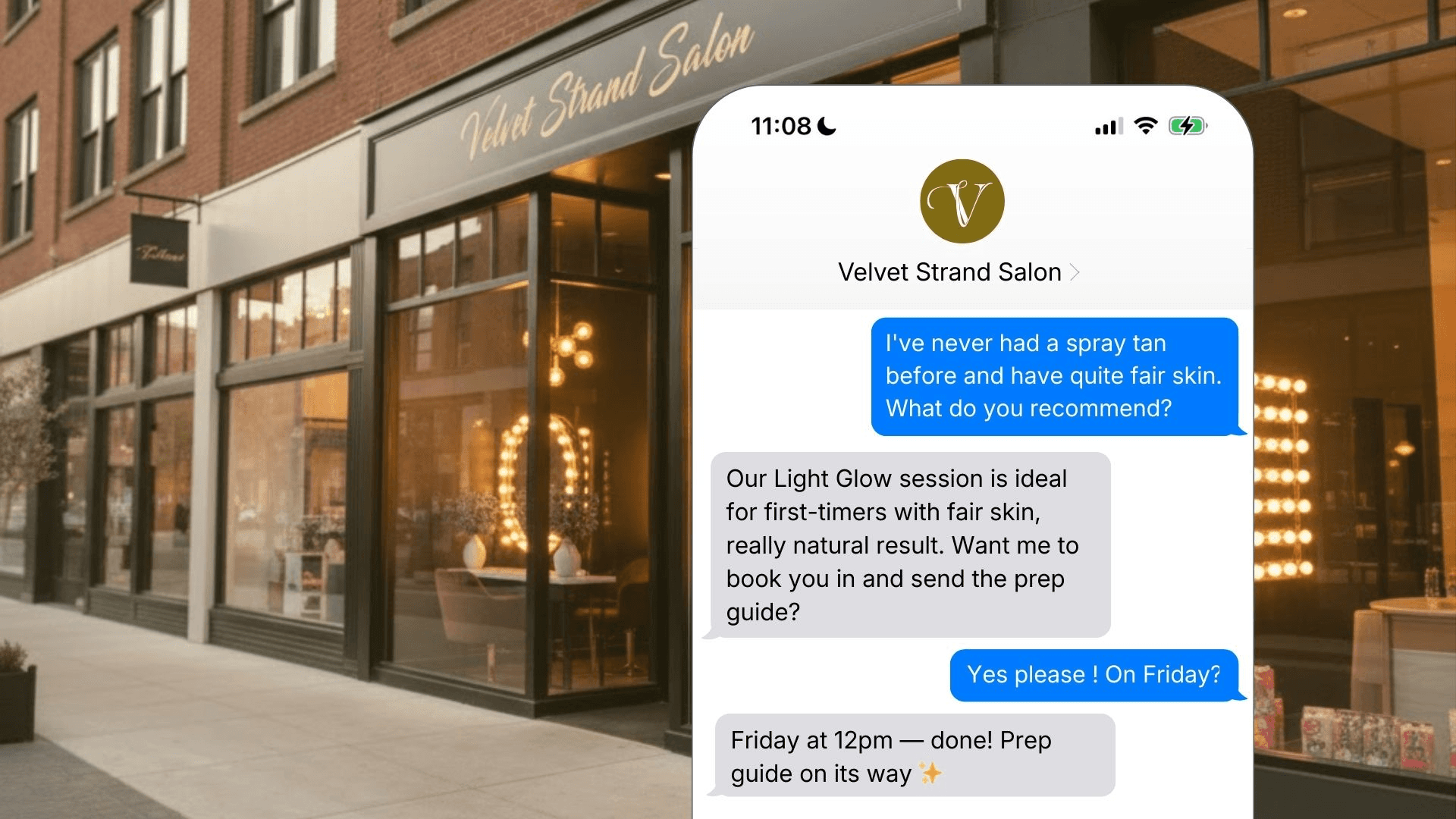 Exterior of Velvet Strand Salon on an urban street, alongside a smartphone mockup showing a first-time customer with fair skin being recommended the Light Glow spray tan session and booking a Friday 12pm appointment.