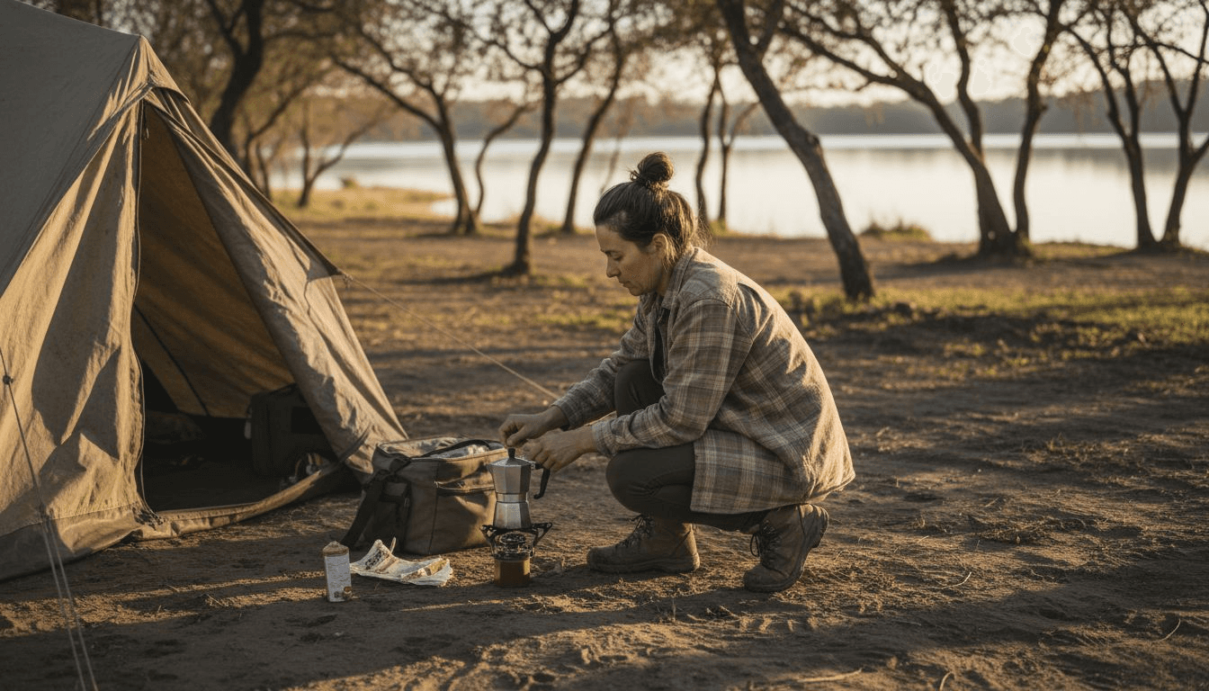 Une femme profite de l’ambiance unique d’un campement safari au cœur de la Namibie.