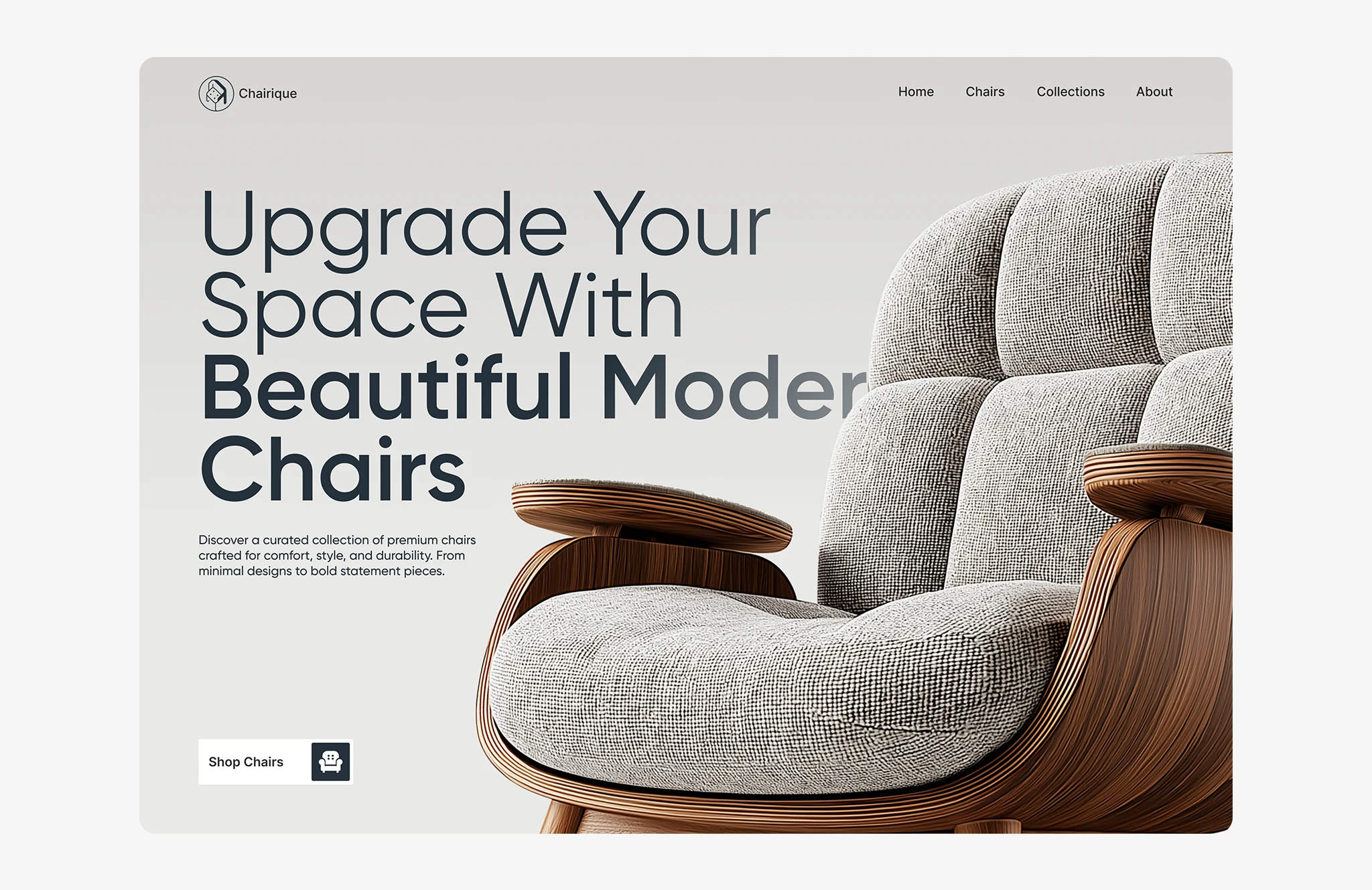Modern furniture ecommerce website hero design showcasing premium chairs and minimal product focused UI