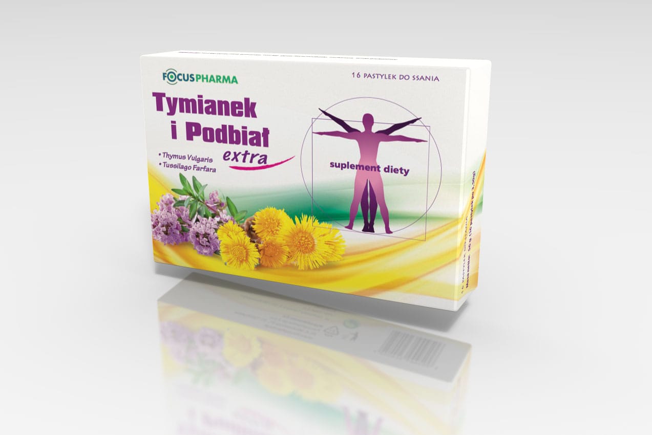 Opakowanie suplementu ziołowego „Tymianek i Podbiał Extra” z kolorowymi ilustracjami tymianku i podbiału, fioletowym tekstem i sylwetką osoby na szarym tle