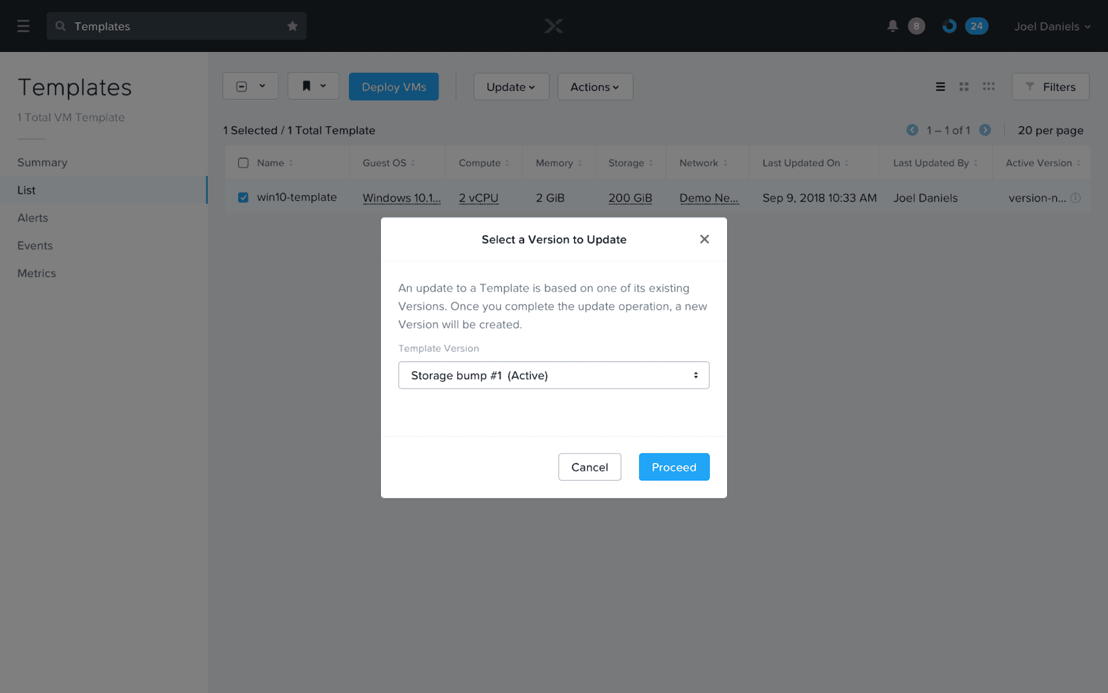 User is prompted to select which template version they wish to update