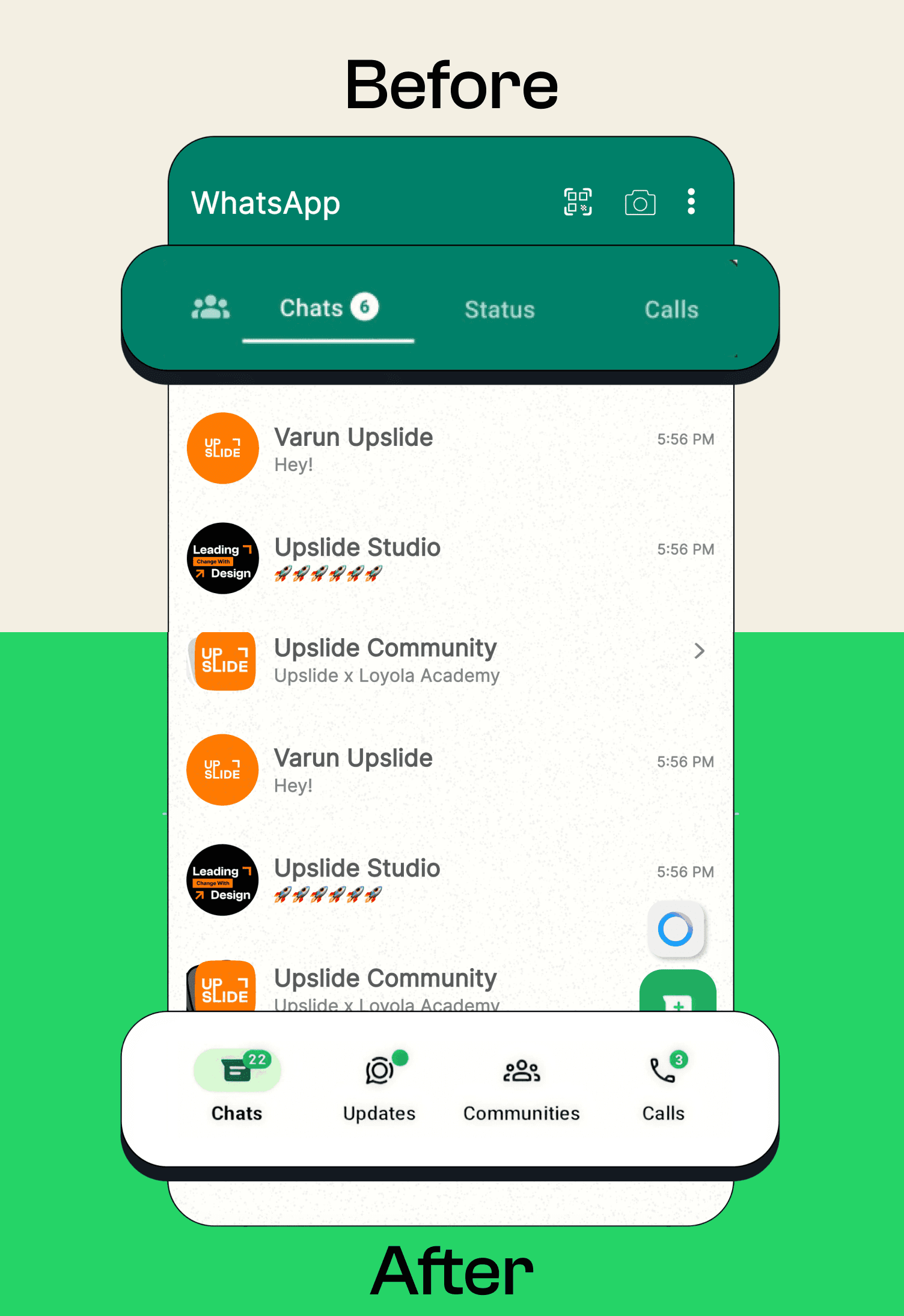 WhatsApp before and after UI redesign comparison