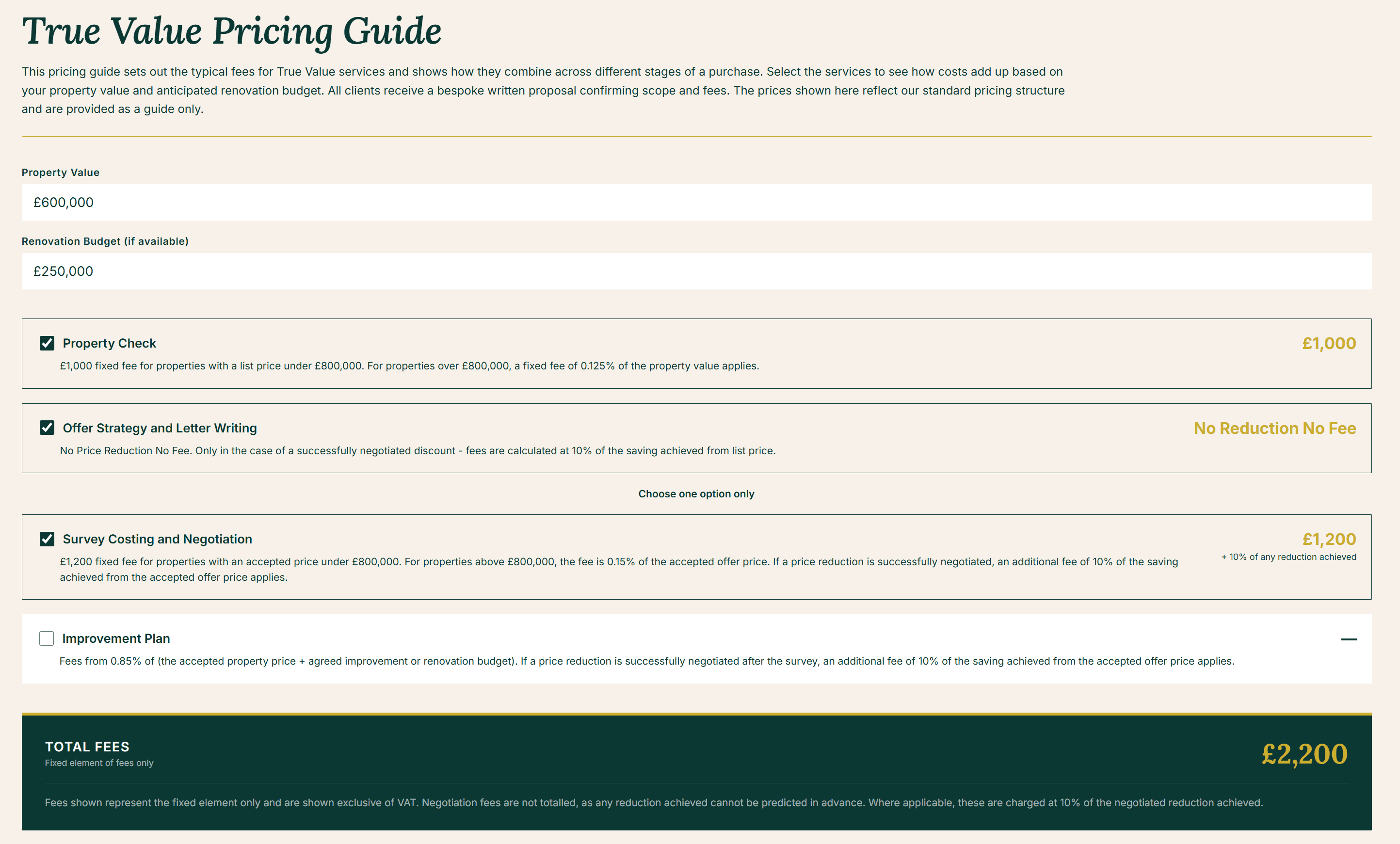 True Value pricing calculator