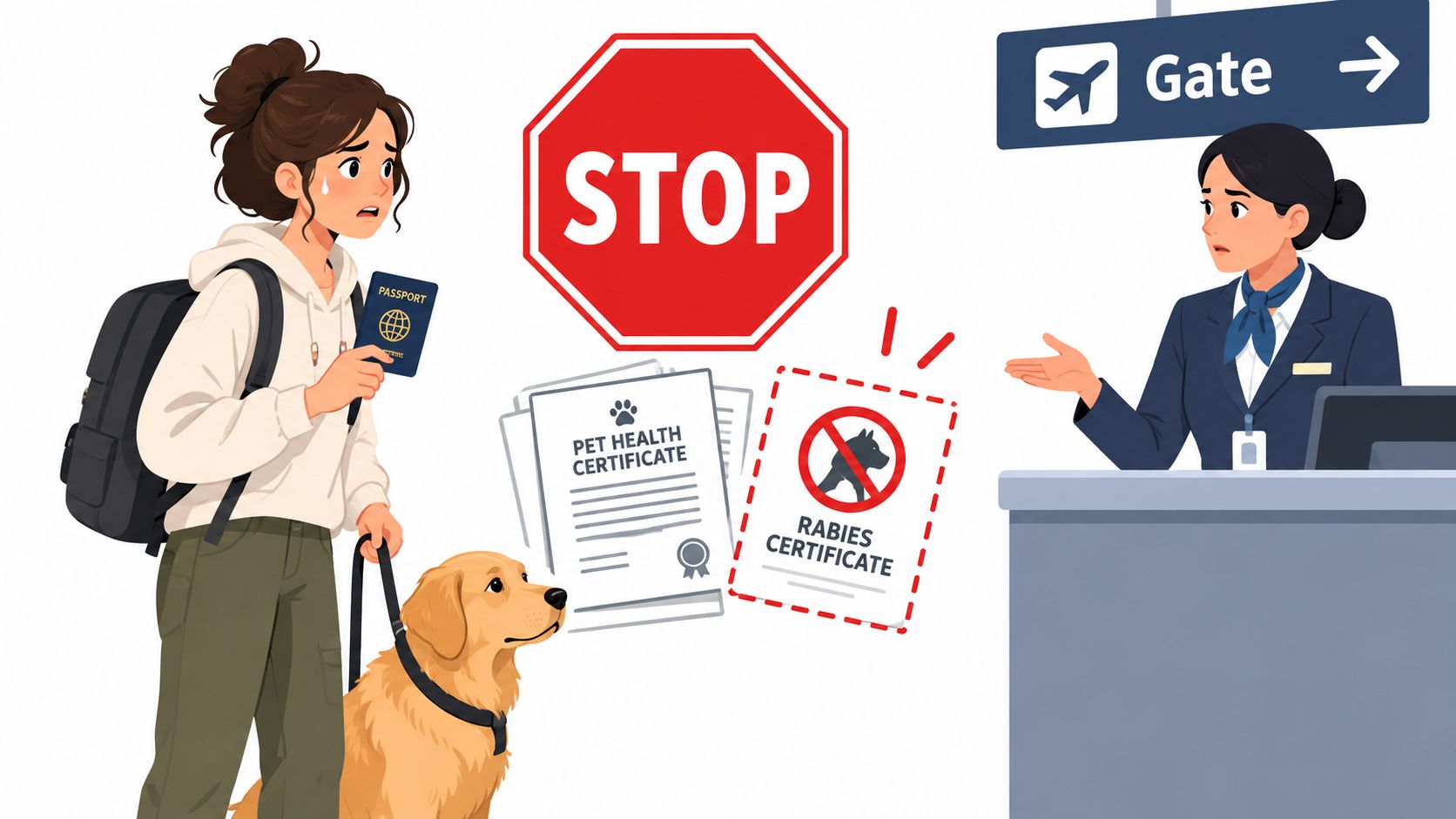 A traveler with a golden retriever dog being stopped at an airport gate due to missing rabies documentation.