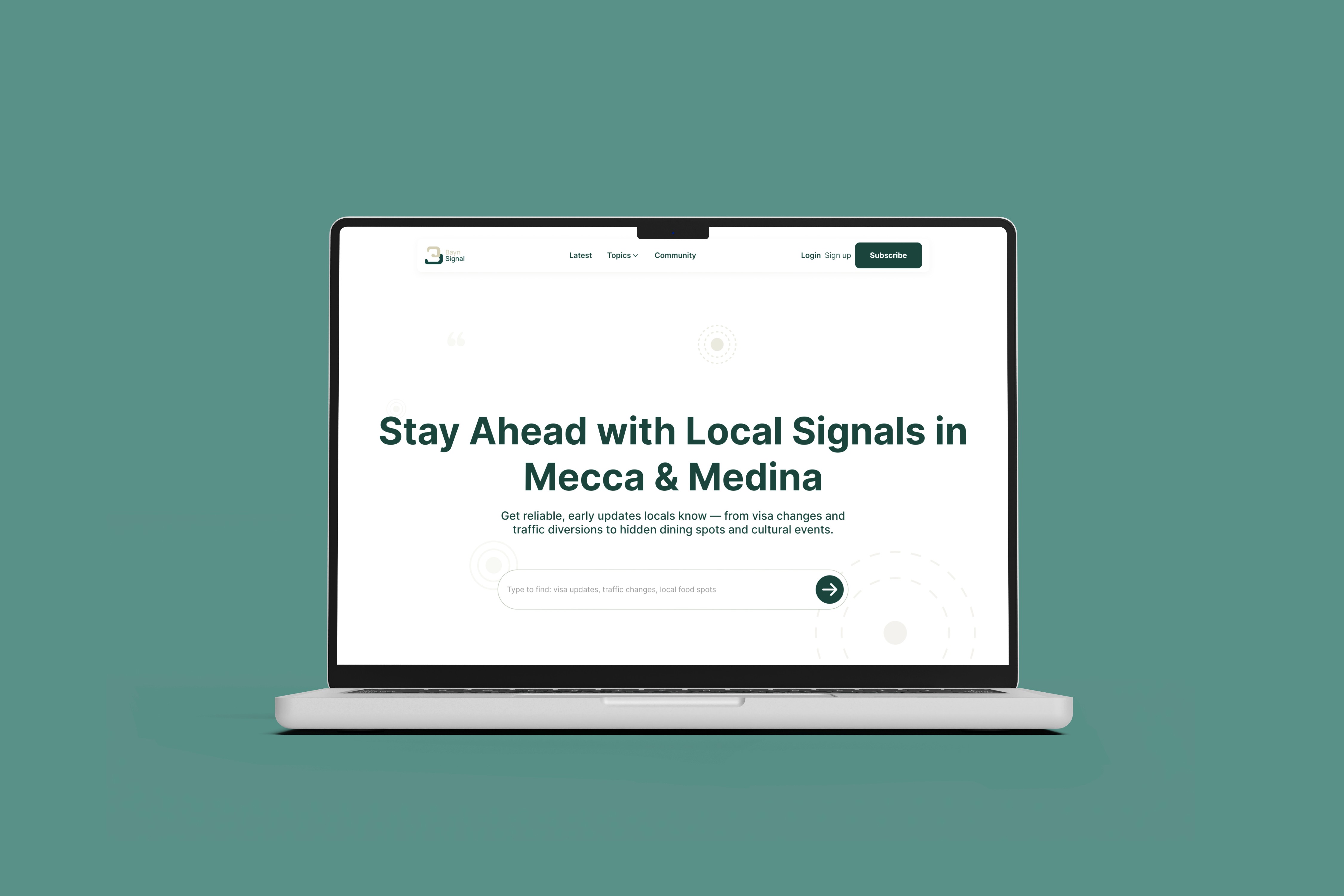 Laptop with a teal background showing a website interface for real-time local signals and community updates in Mecca and Medina.