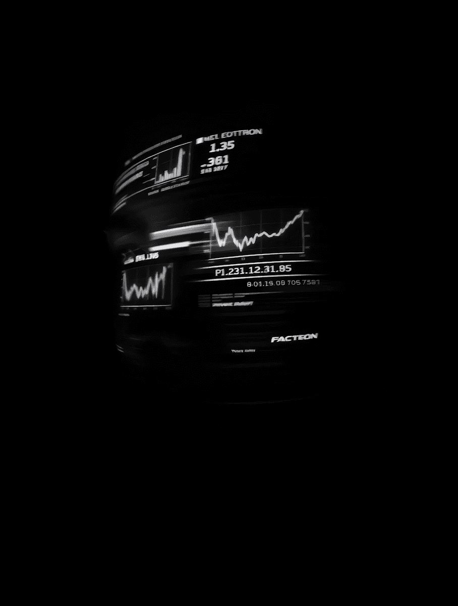 Dark scene showing floating holographic-style charts and data panels with bright white line graphs and numeric analytics on a black background.