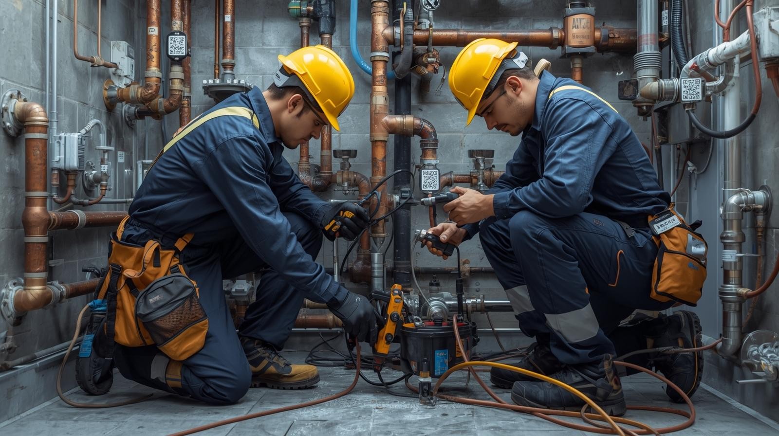 Technician tracking plumbing equipment maintenance using a digital platform.