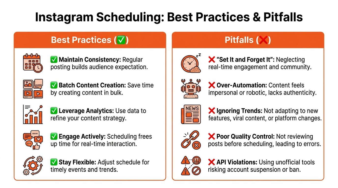 A comparison table outlining best practices and potential pitfalls for scheduling content on Instagram social media.