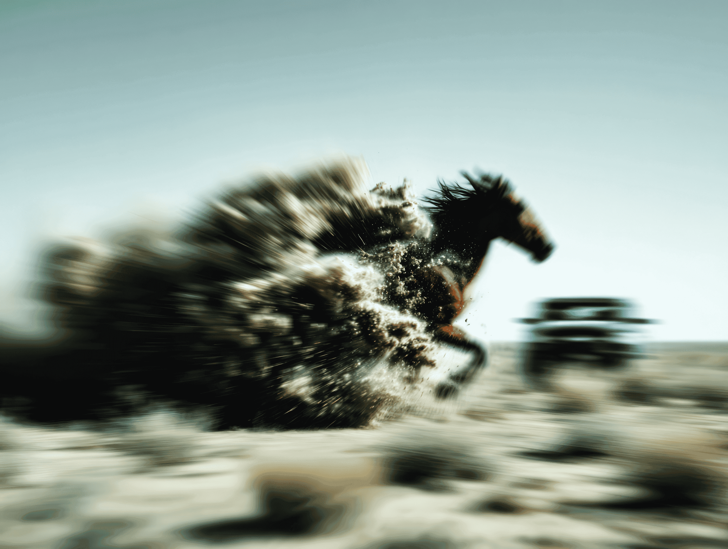 Horse running across a sandy field, leaving a large dust cloud behind