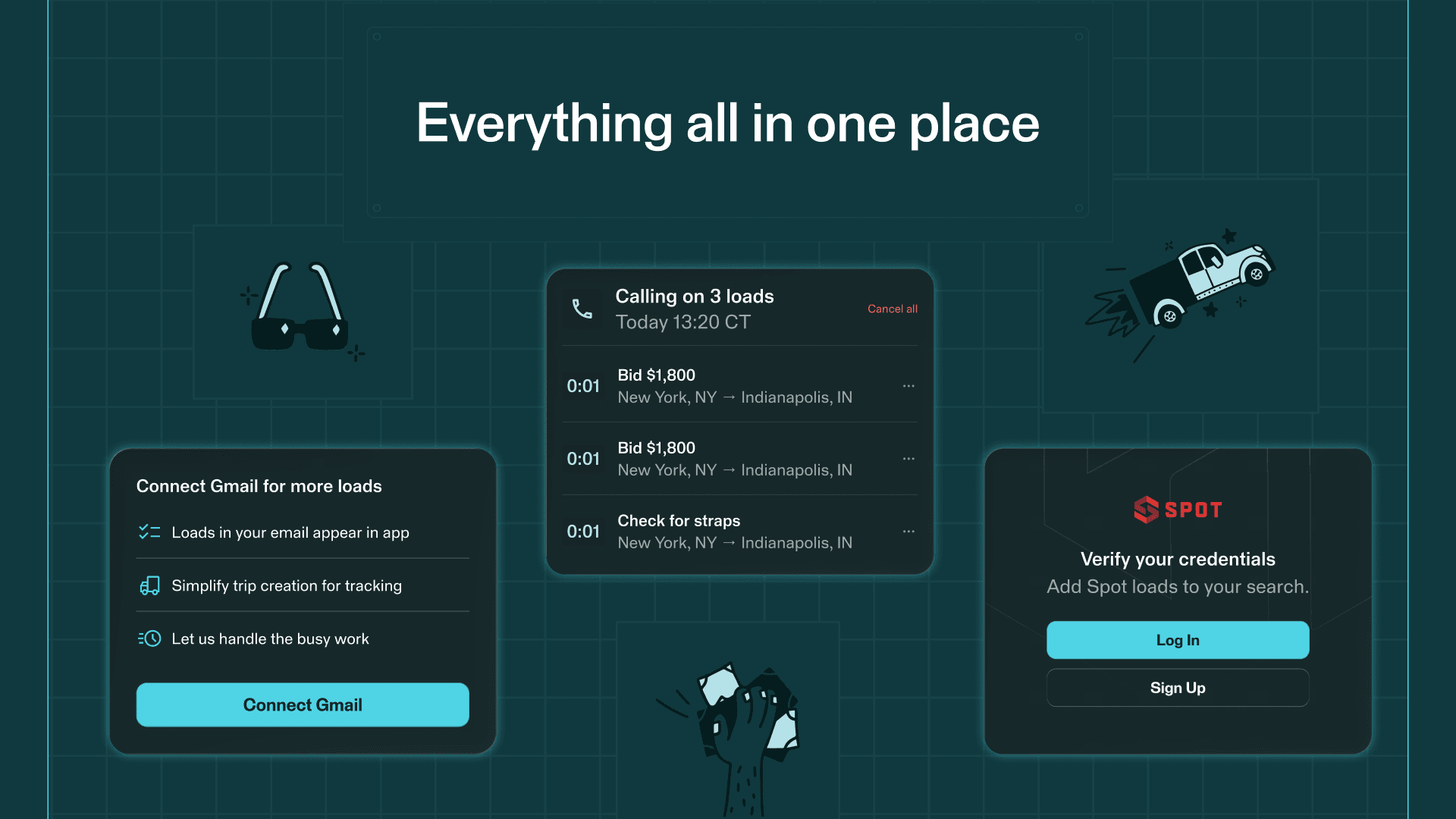 Dispatch brings load board updates, broker calls, and email information into one place, helping carriers manage freight tasks from a single workspace.