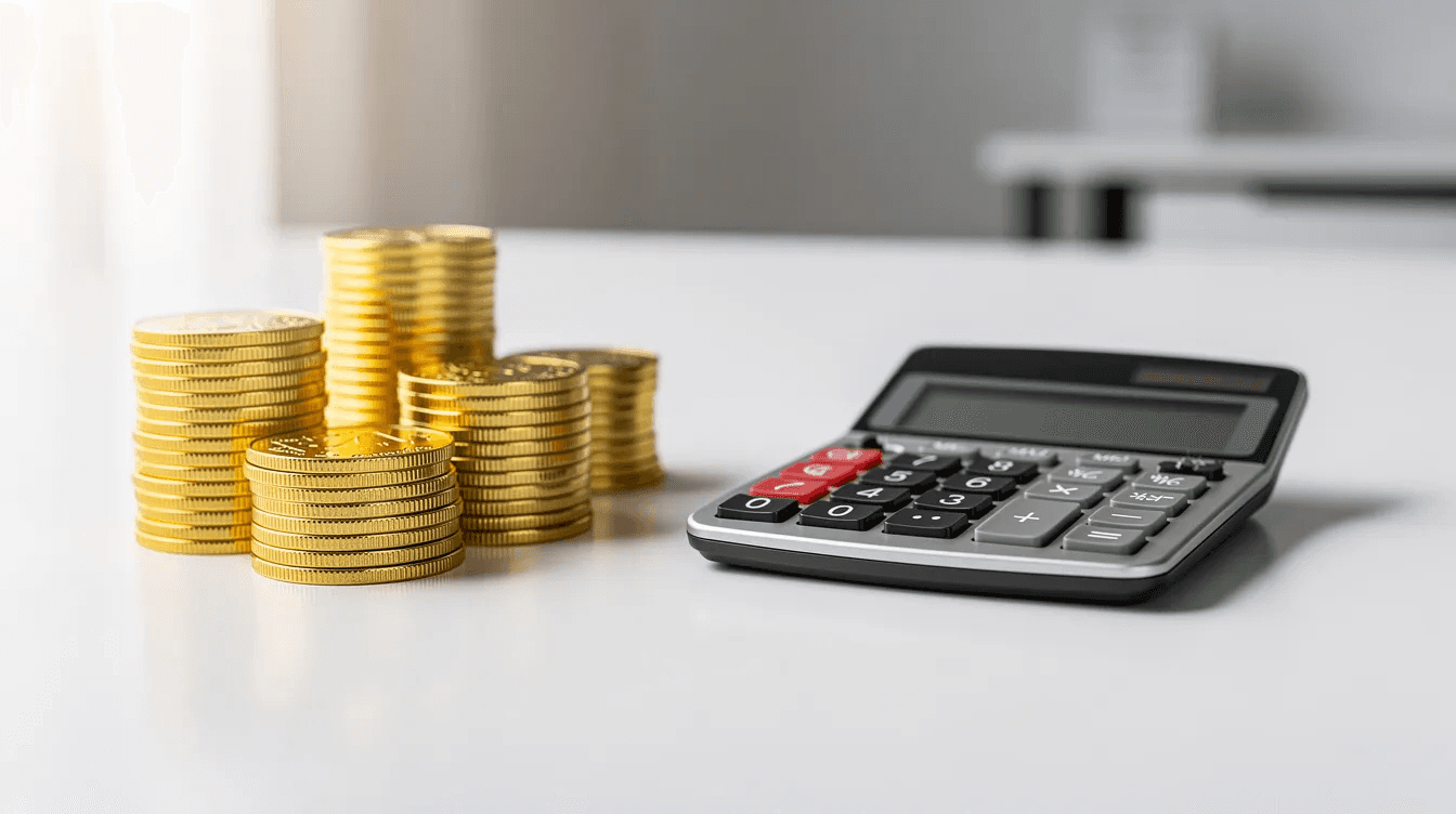 The image features a neat arrangement of stacked gold coins next to a small calculator on a white desk, symbolizing financial management and tax obligations. This setup reflects the importance of accurate VAT return filing and the calculation of payable tax in compliance with UAE tax regulations.