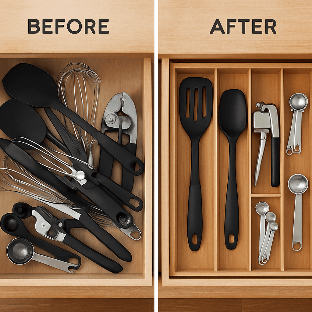 A before-and-after shot of a kitchen drawer. The 'before' side is a jumble of utensils, measuring spoons, and gadgets. The 'after' side shows the same items neatly organized in a bamboo drawer divider