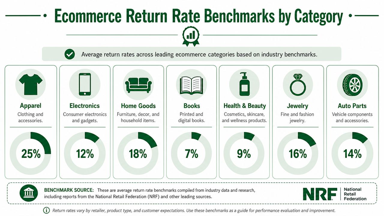 An infographic showing average ecommerce return rate benchmarks for various categories like apparel, electronics, and home goods.