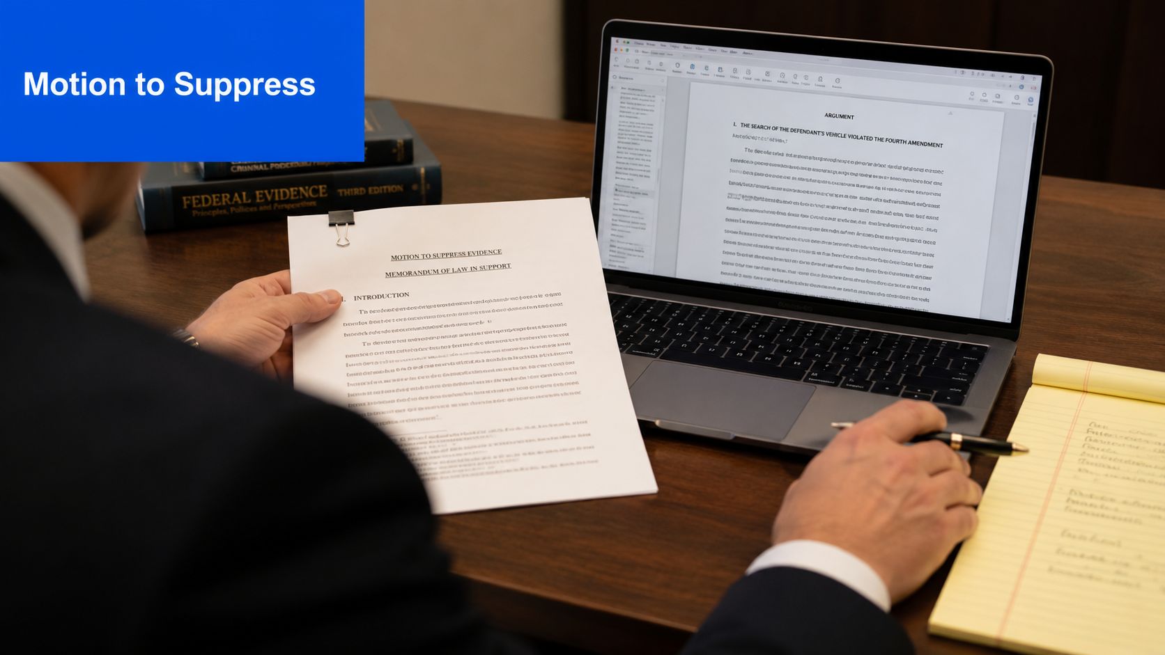 A professional working on a legal motion to suppress evidence document at a desk with a laptop.