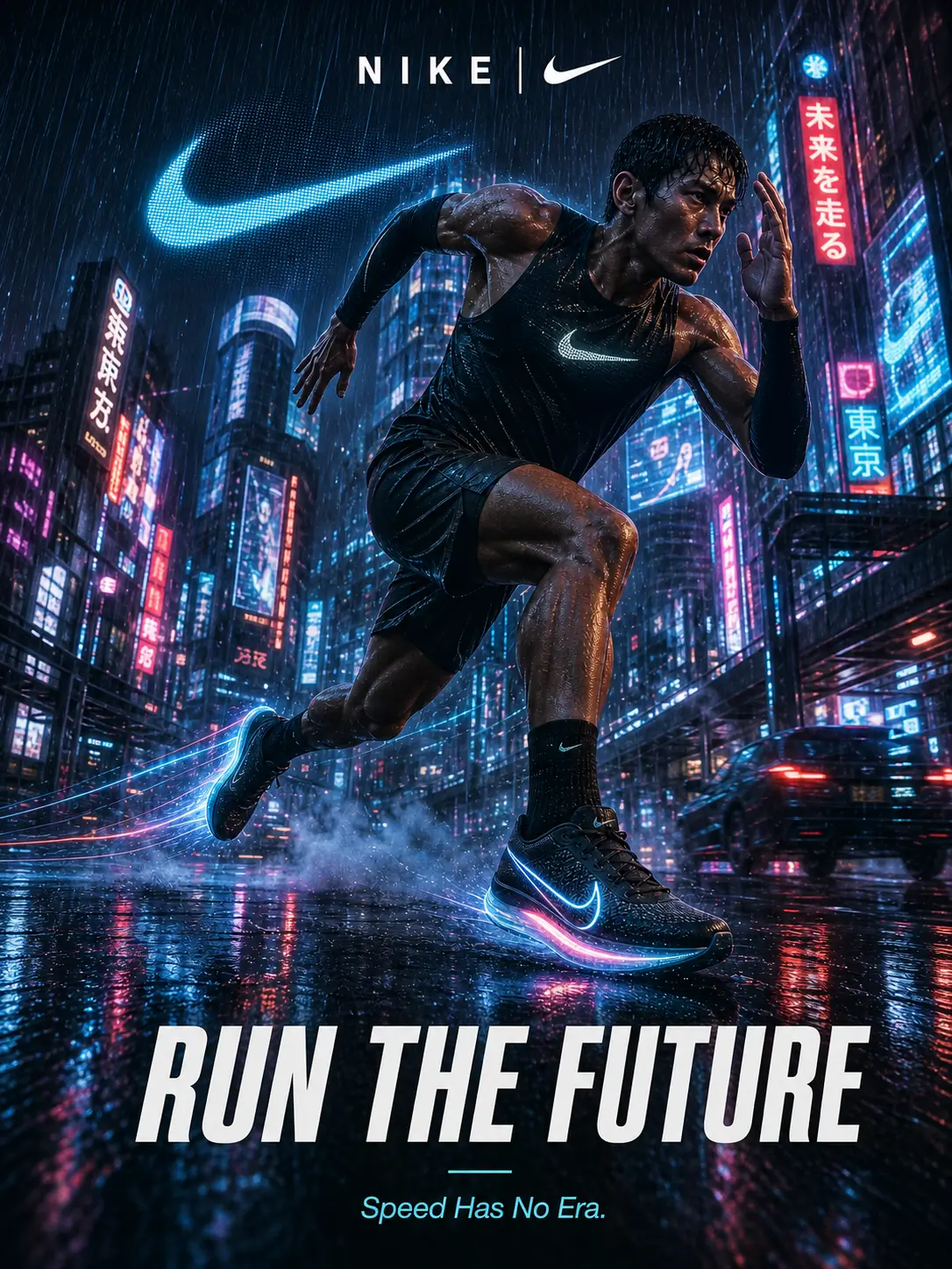 AI-generated Nike poster of a determined runner sprinting through a neon-lit futuristic city, symbolizing speed, performance, and ambition.