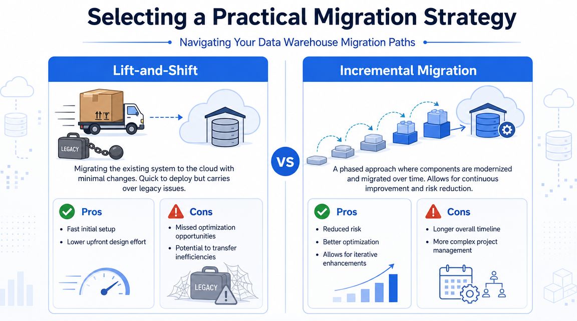 A comparison infographic showing lift-and-shift versus incremental migration strategies for data warehouse modernization.