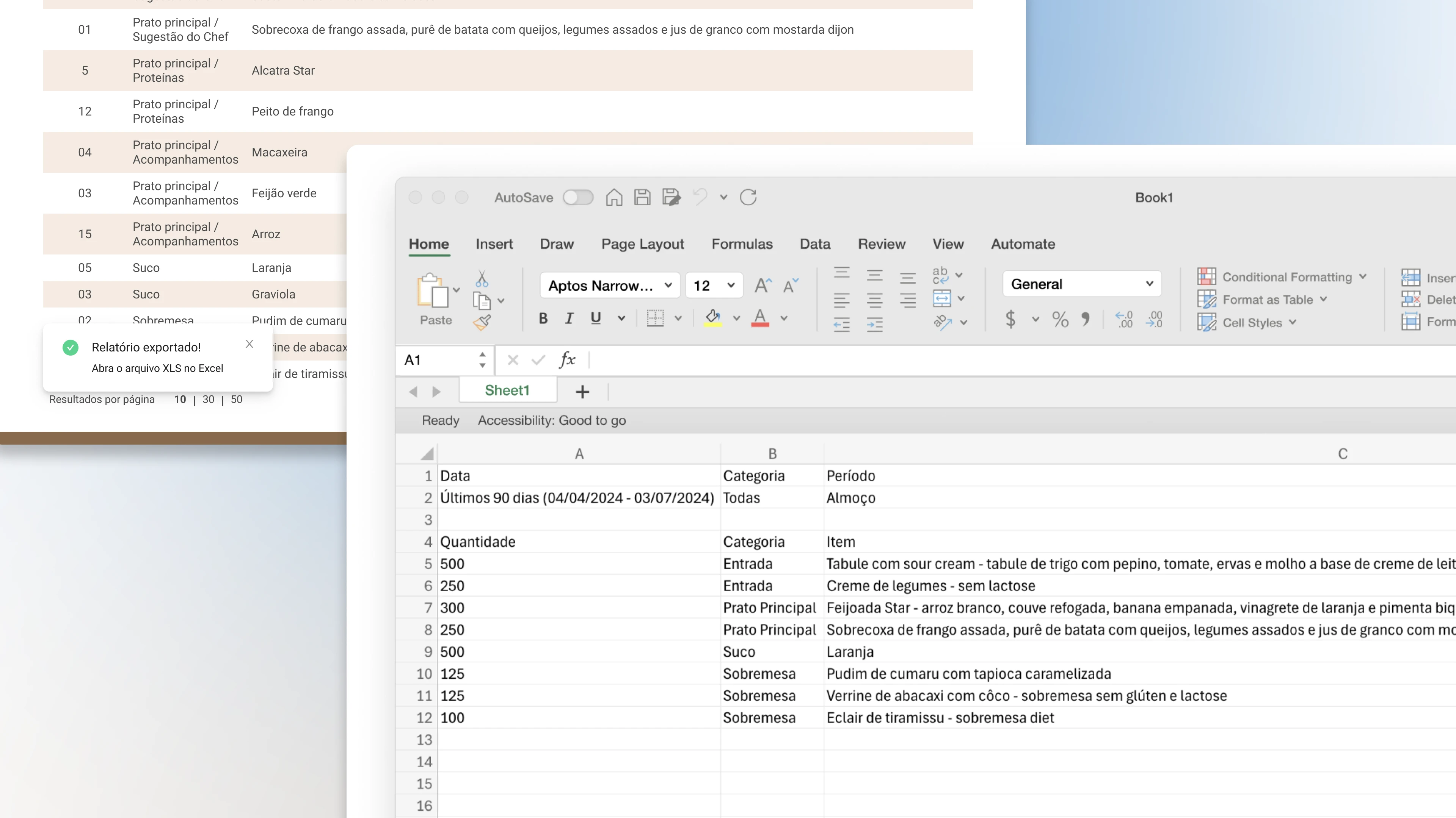 Report export flow to Excel showing success notification and preview of generated spreadsheet with structured production data