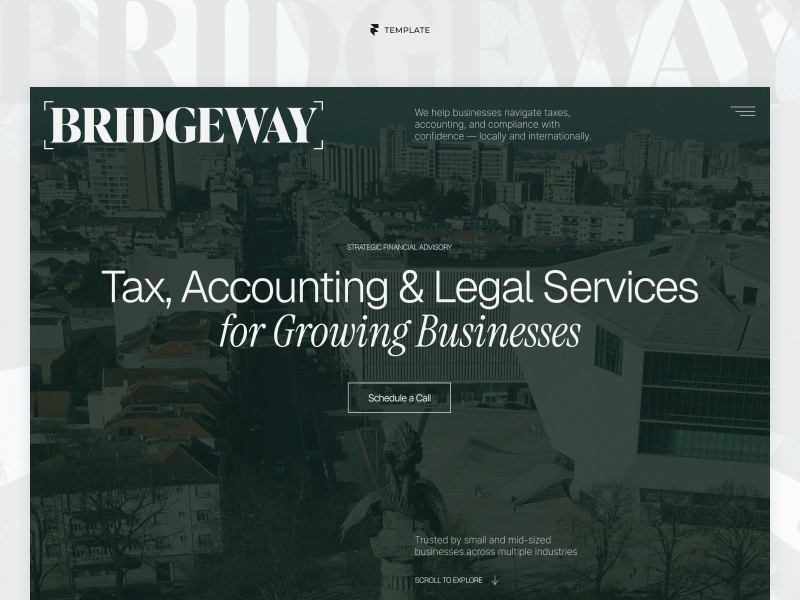 Bridgeway financial services website template homepage with hero section and city background
