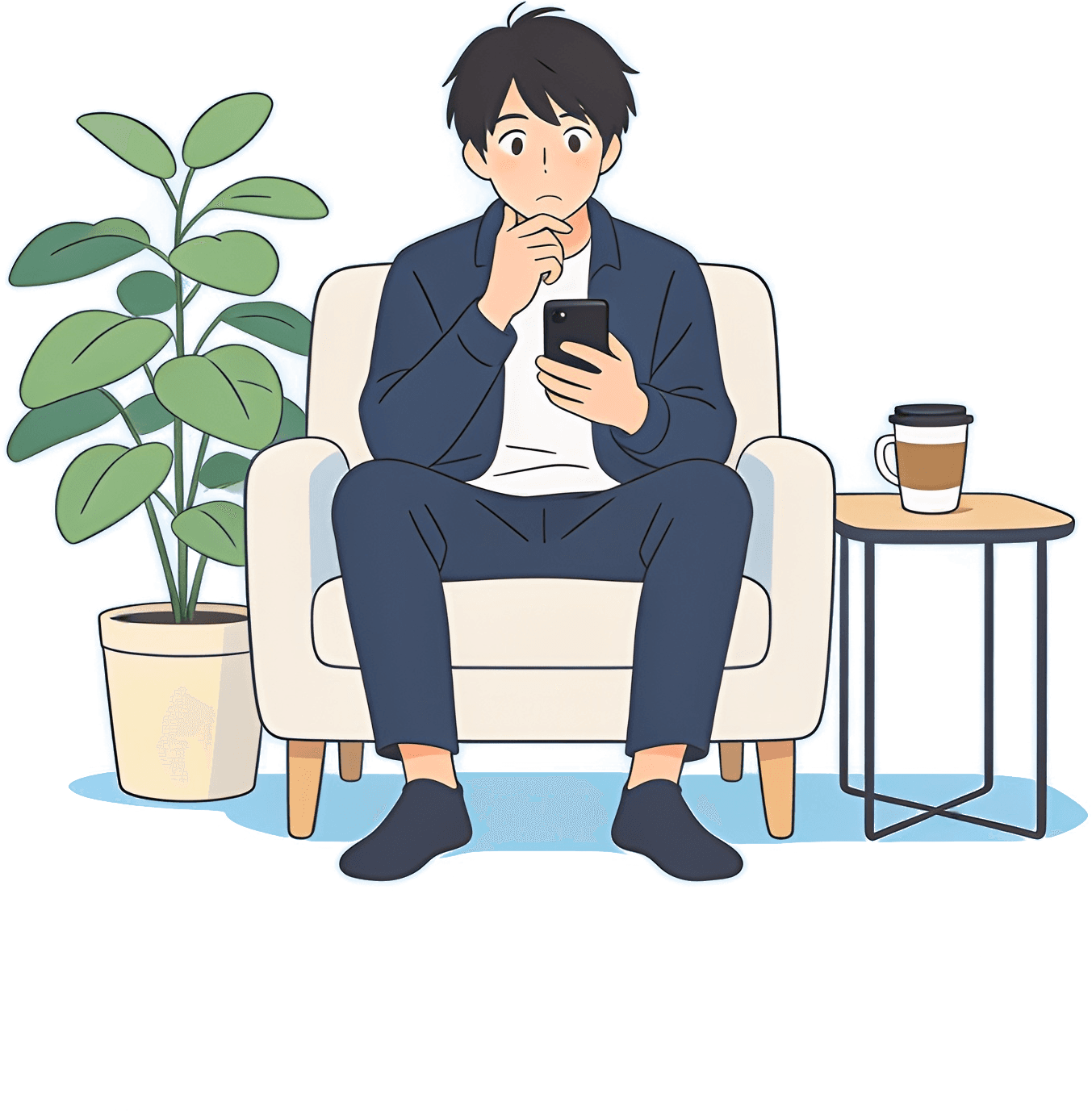 ソファでスマートフォンを見ながら考える男性のイラスト