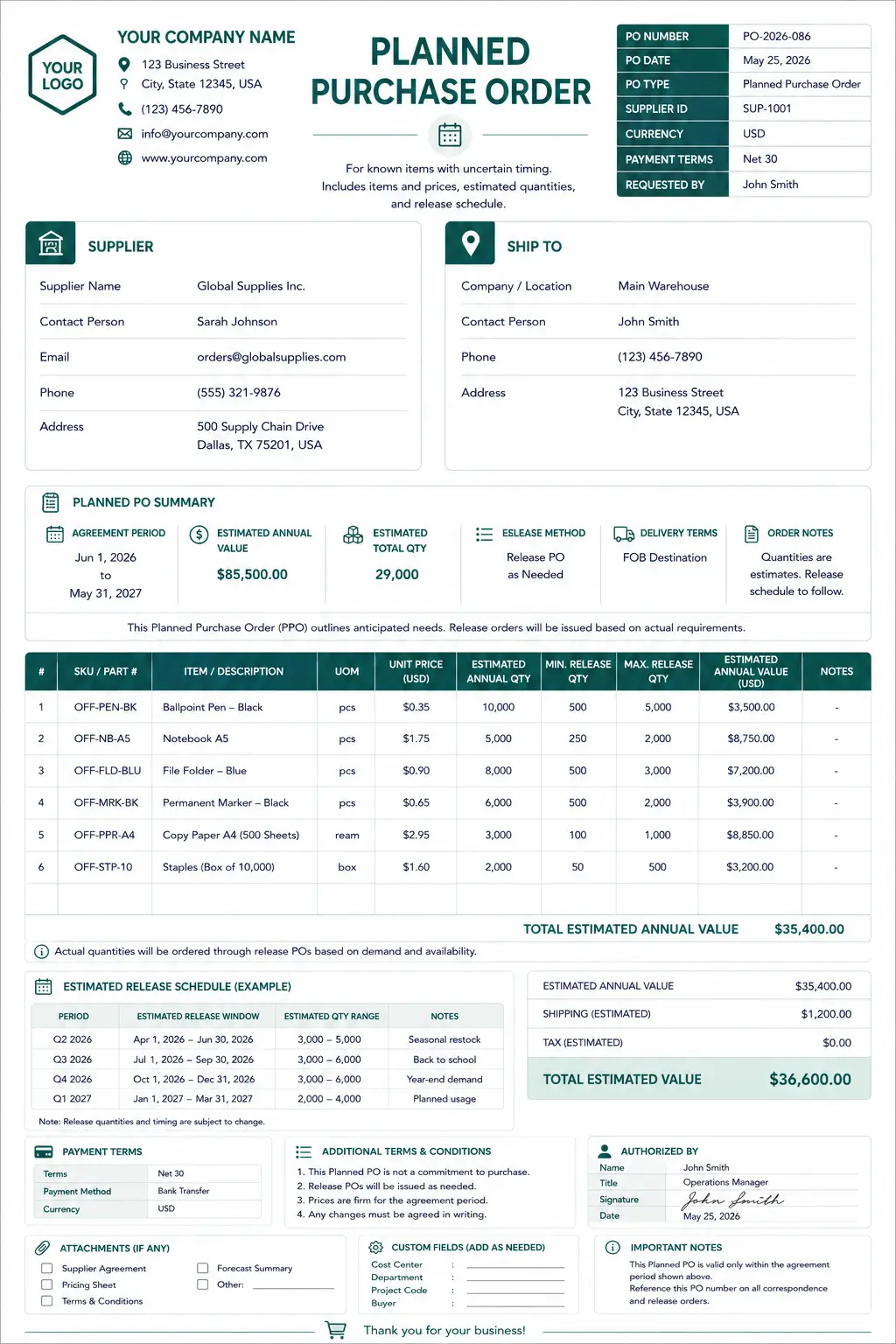 Shopify Planned purchase order template