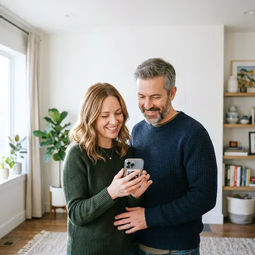 A smiling couple looking at a smartphone together in a bright, modern living room, illustrating the ease of tracking price drops with Whisprice.