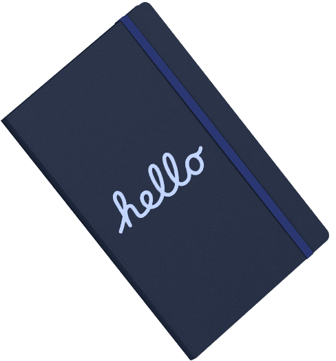 A dark blue notebook with a white "Hello" printed on the front cover, slightly angled.