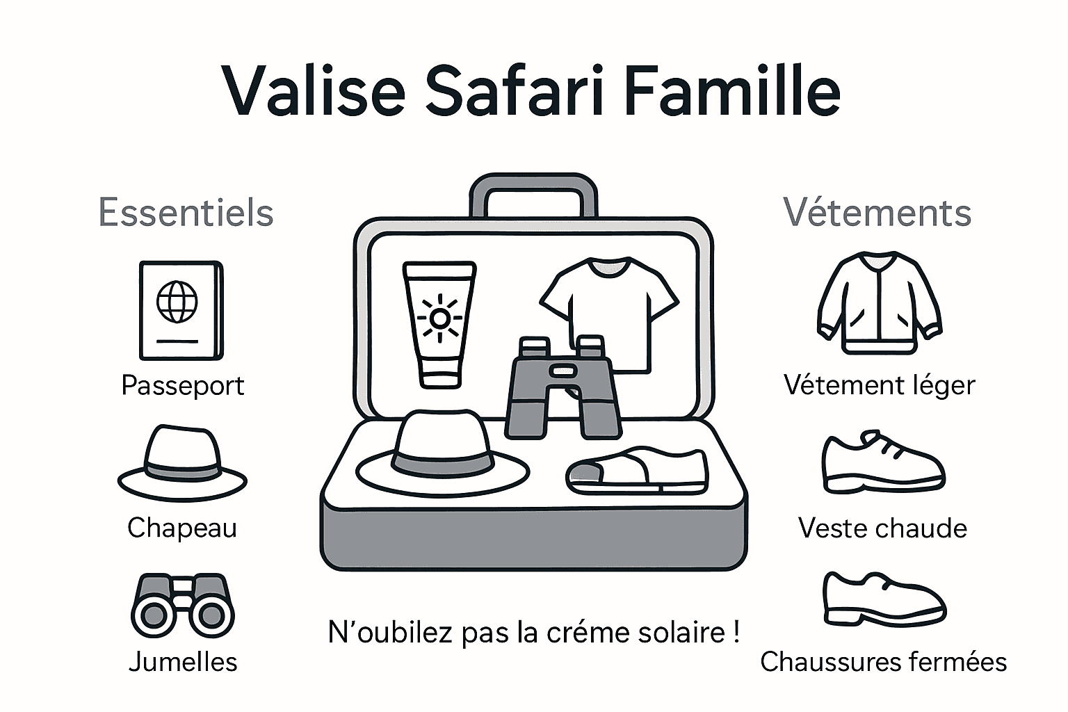 Checklist visuelle : que mettre dans sa valise pour un safari en famille en Namibie ?