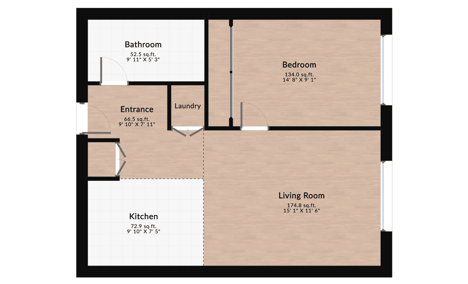 One-bedroom apartment floor plan showing kitchen, living room, bedroom, bathroom, entrance, and laundry space for small spaces.