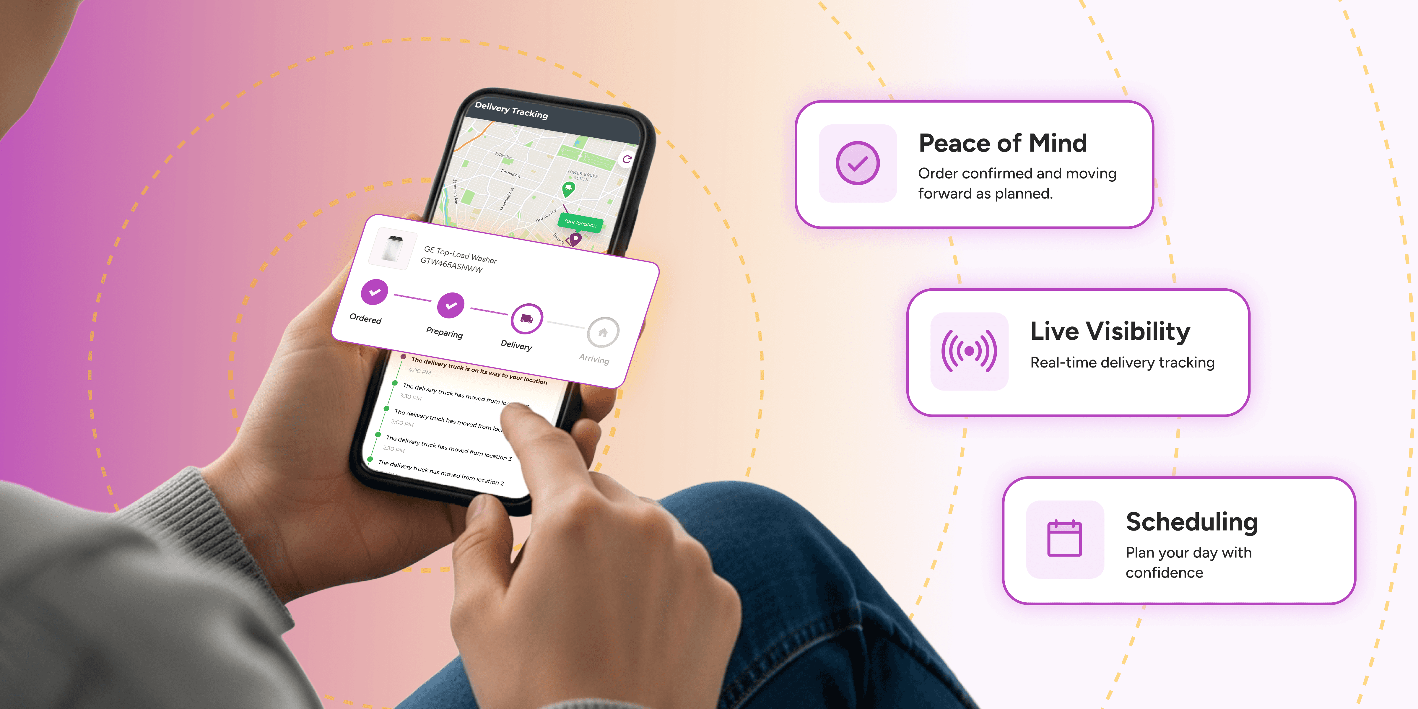 Deliver Better Customer Service with Real-Time Appliance Order Tracking: Customer tracking a GE washer delivery on a smartphone, with order status, real-time location, and delivery progress displayed on screen.
