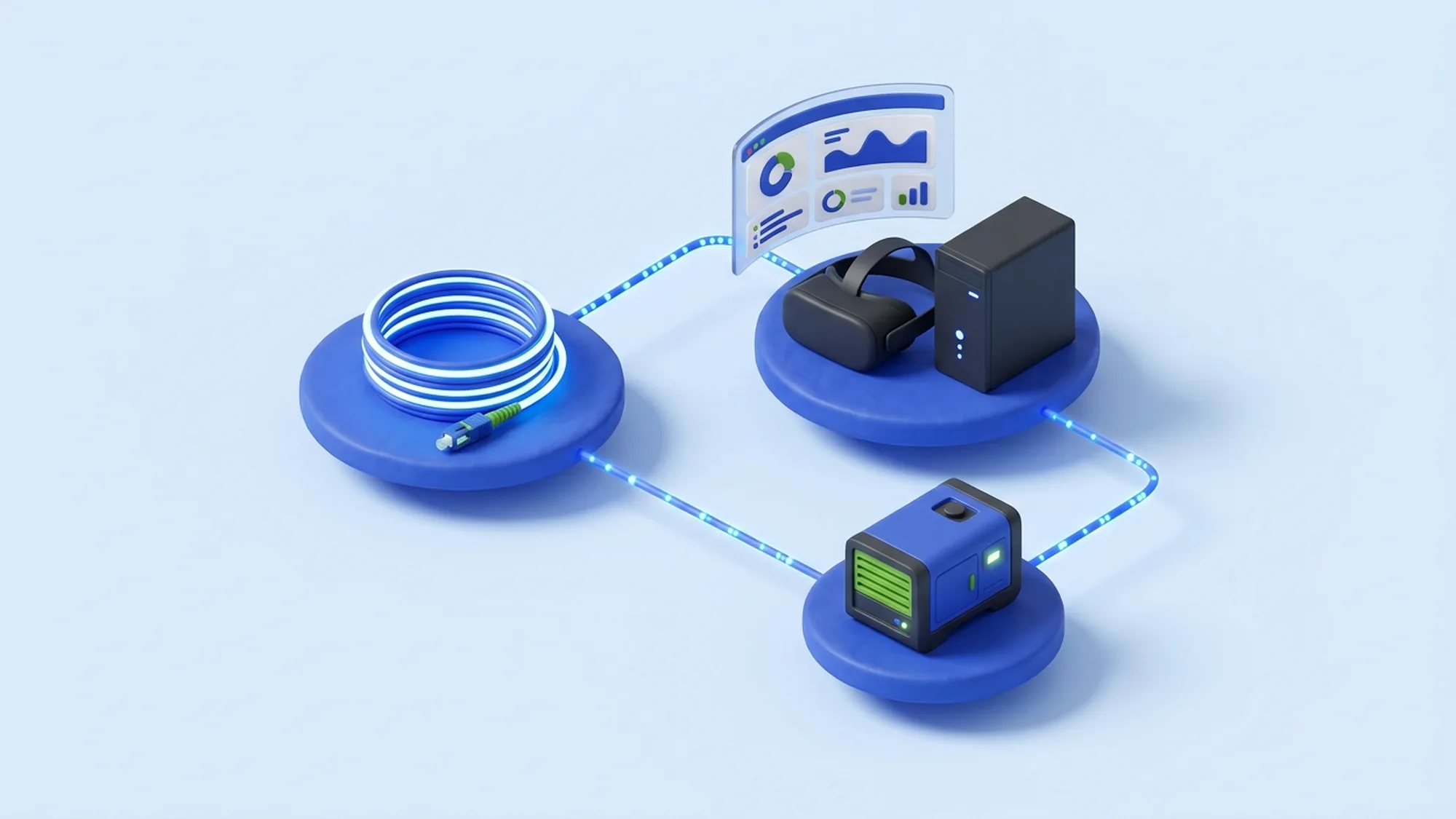 Illustration 3D des quatre piliers techniques d'un call center à Madagascar : connectivité, matériel, logiciels, énergie