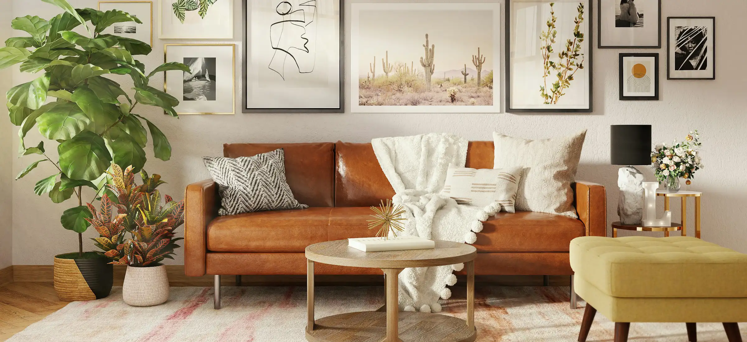 Spacious lounge with seating arrangement and decorative accents