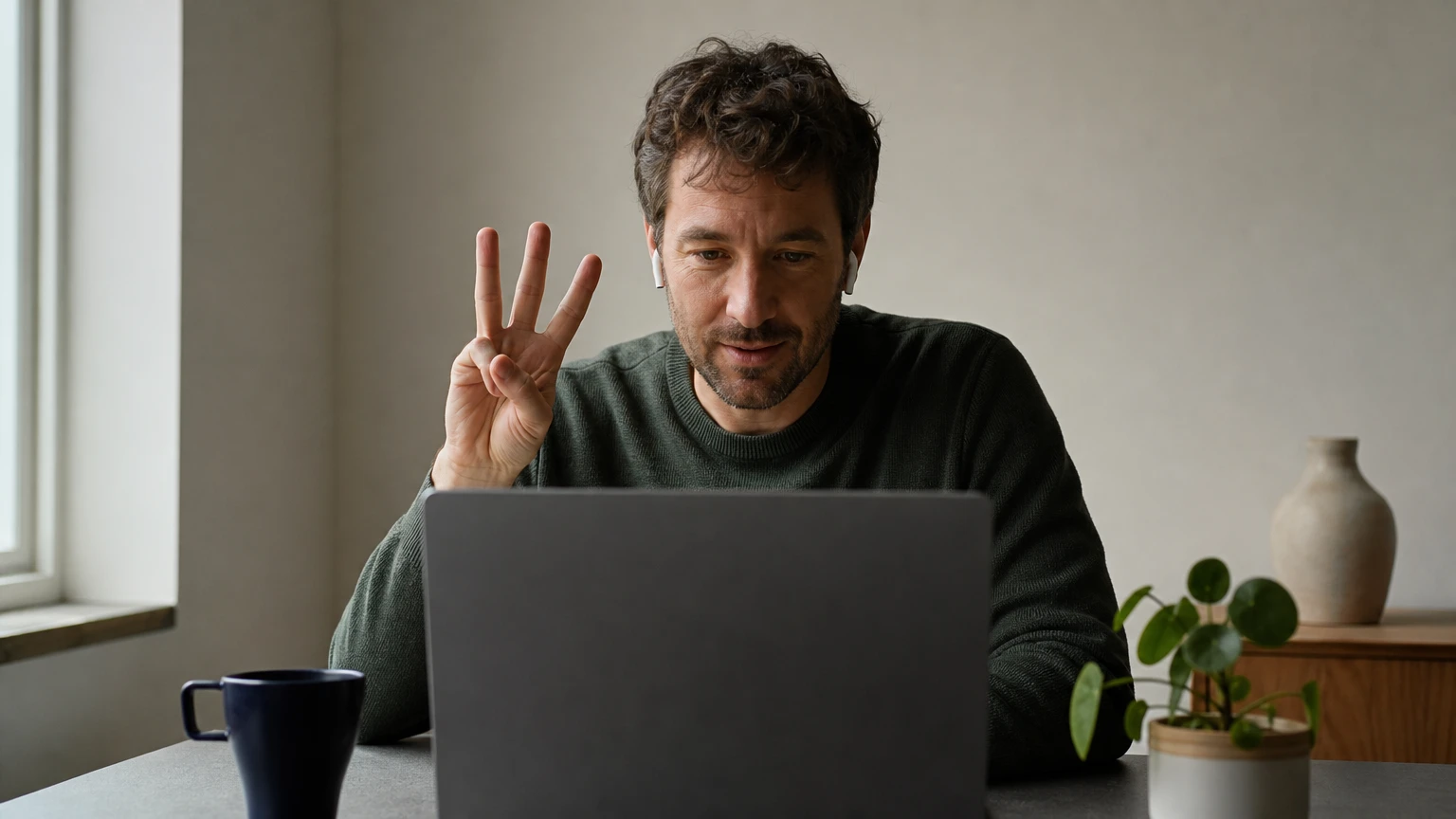 A person holds up fingers toward a laptop camera during a video call.