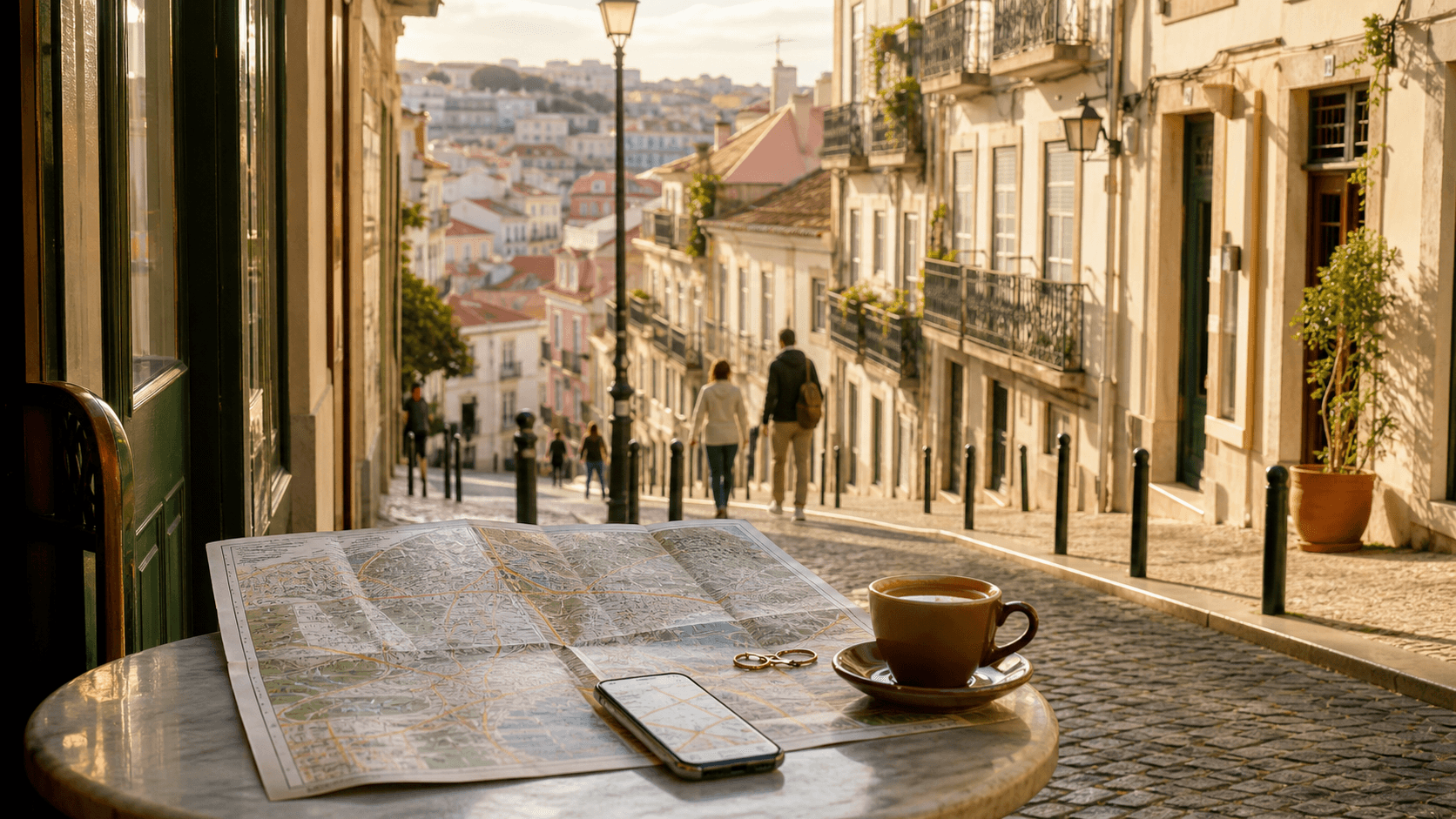 A paper map and phone on a cafe table overlooking a walkable city street