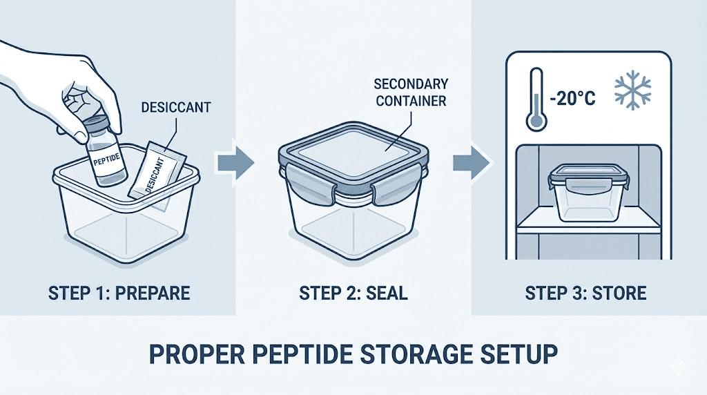 Proper peptide powder storage setup diagram with freezer and desiccant