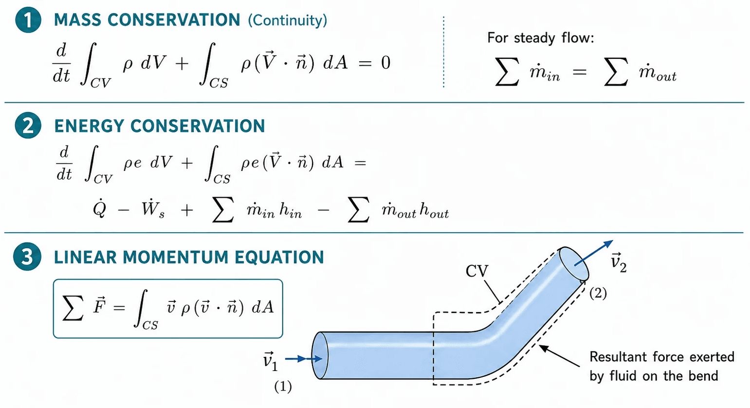 Fluid mechanics control volume analysis - Reynolds transport theorem and conservation of mass, momentum, and energy