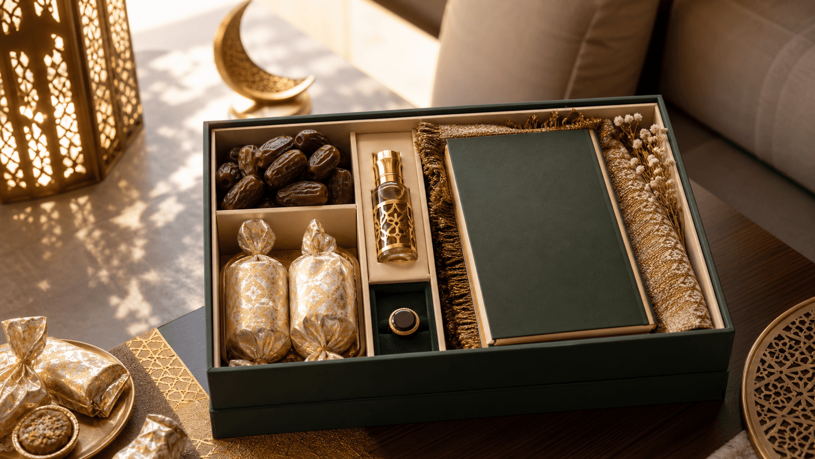 An Eid al-Fitr gift box with dates, attar, a dua book and a dhikr ring, gifts that outlast the day