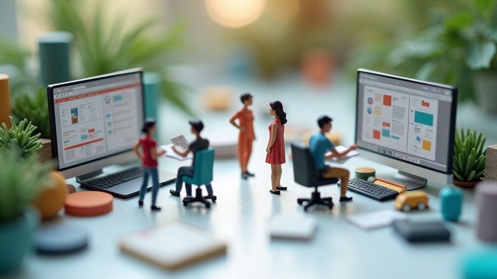 Tiny designers and marketers compare Webflow and Framer on a miniature website-building set.