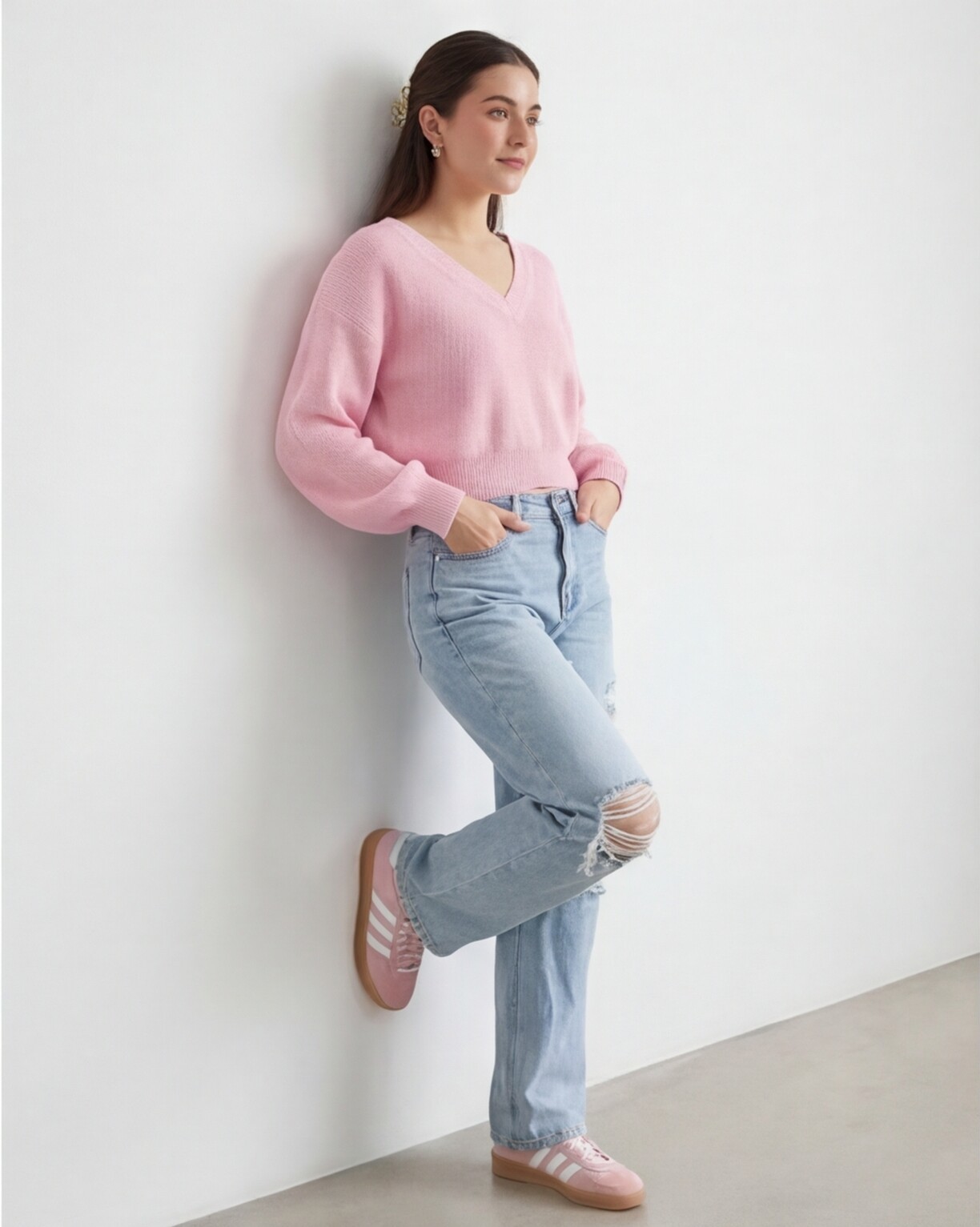 Pink Cropped Sweater with Distressed Light Jeans