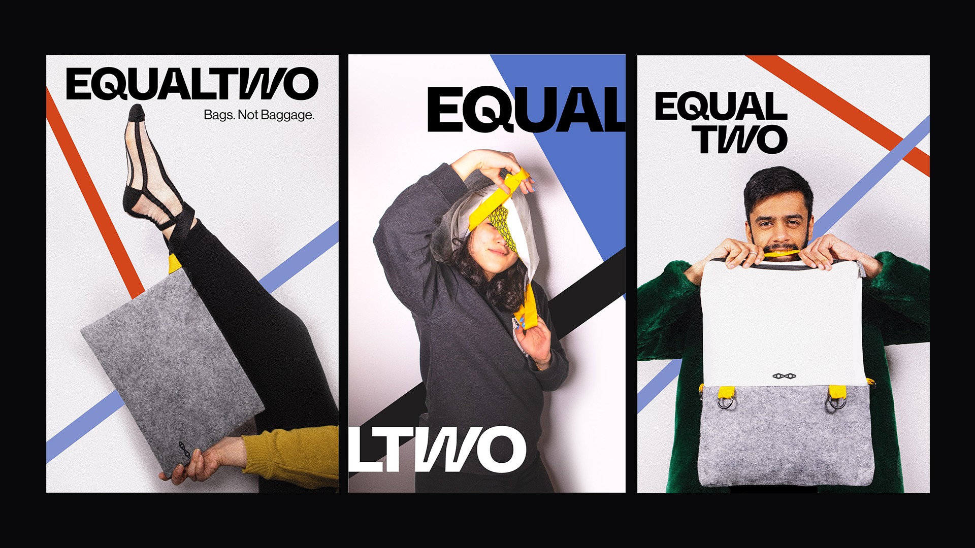 A collection of black bags with diagonal stripes in teal, yellow, orange, and red, featuring the word "EQUALVO" printed in white on each bag.